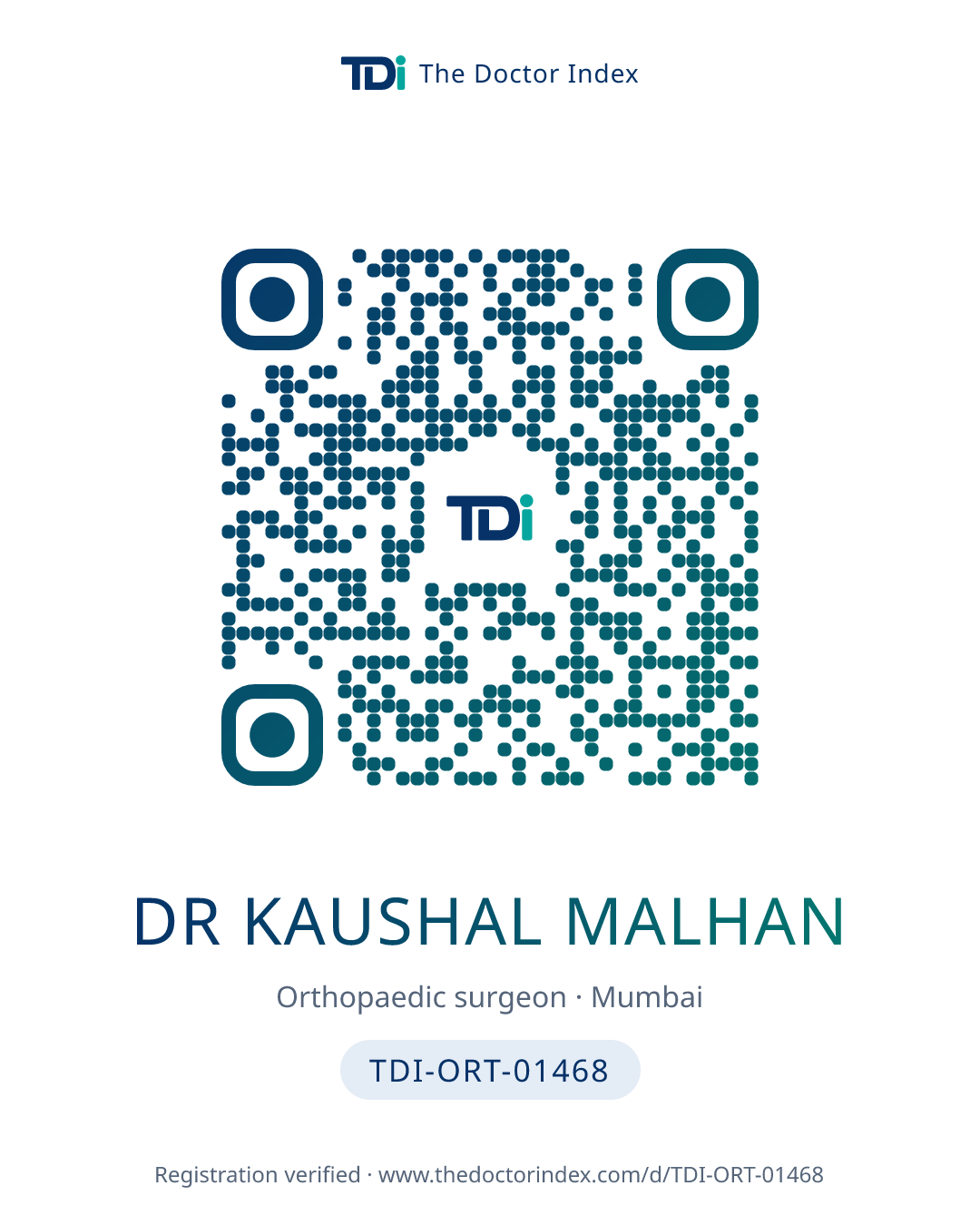 QR card for Dr Kaushal Malhan, TDI-ORT-01468