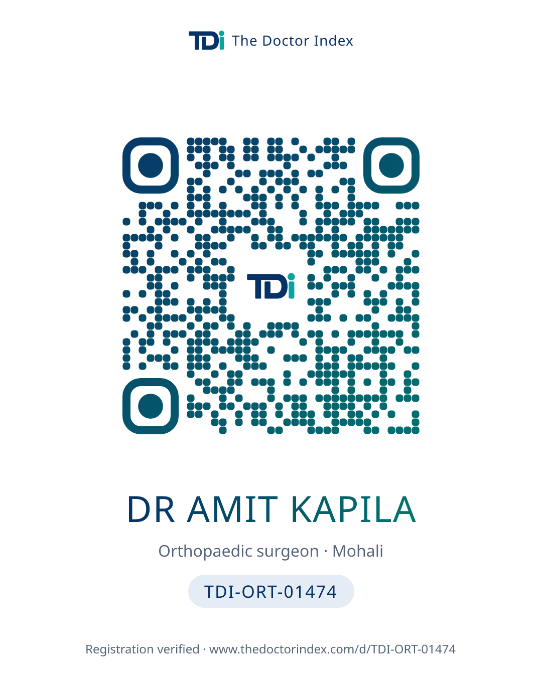 QR card for Dr Amit Kapila, TDI-ORT-01474