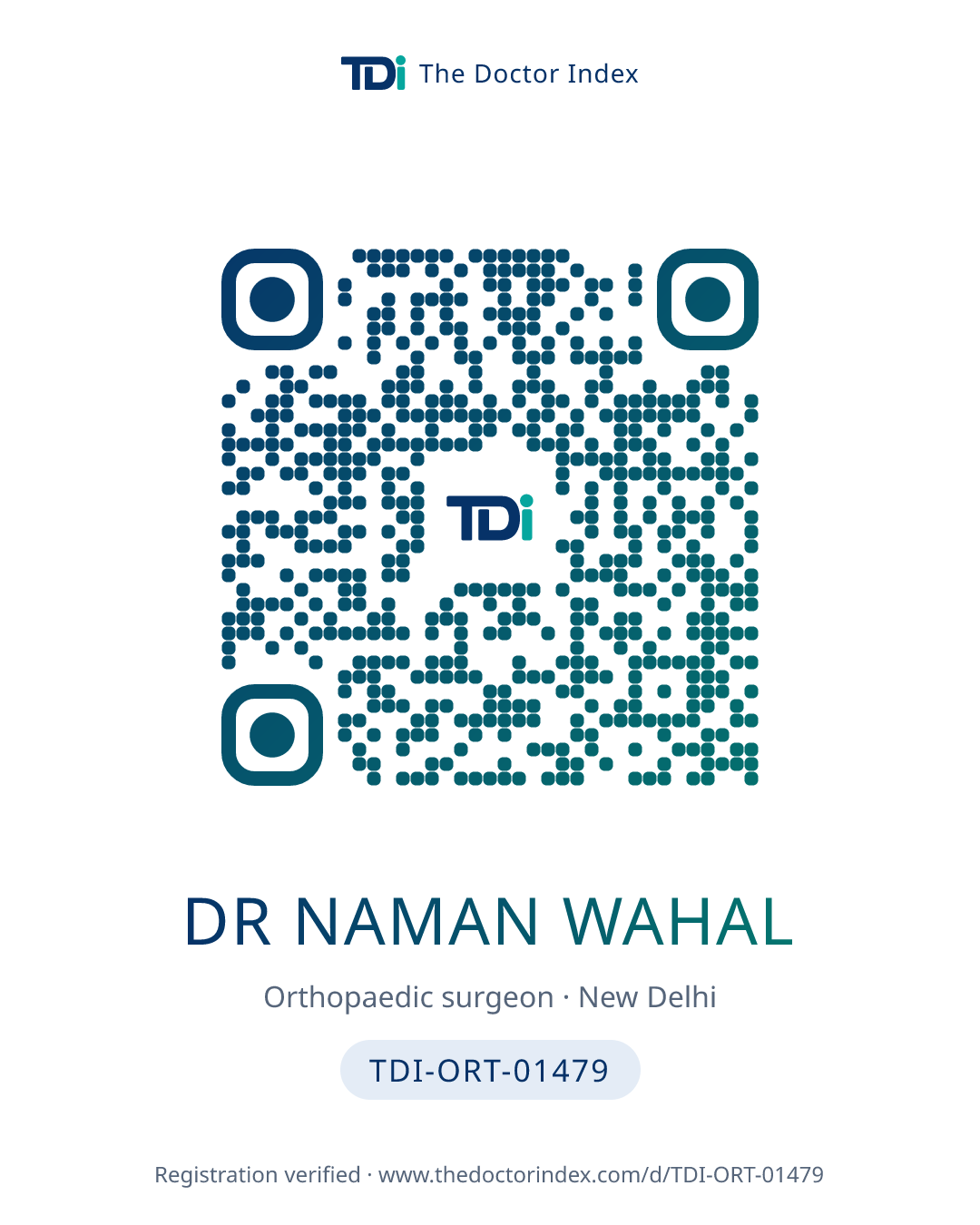 QR card for Dr Naman Wahal, TDI-ORT-01479