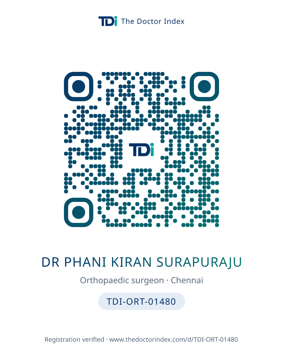 QR card for Dr Phani Kiran Surapuraju, TDI-ORT-01480