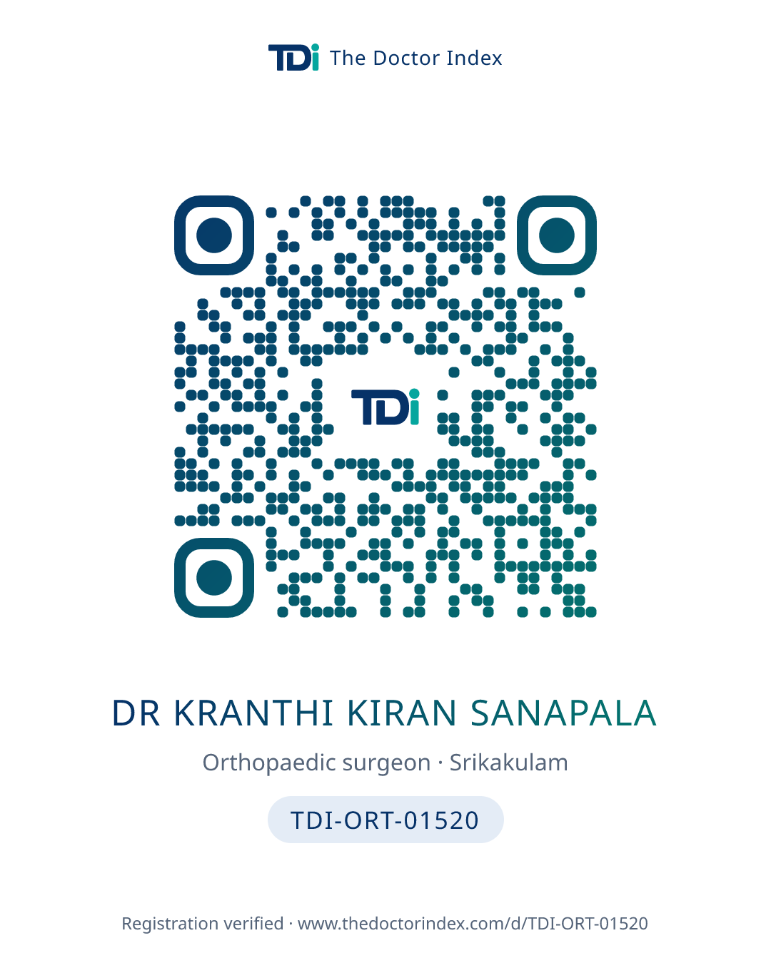 QR card for Dr Kranthi Kiran Sanapala, TDI-ORT-01520
