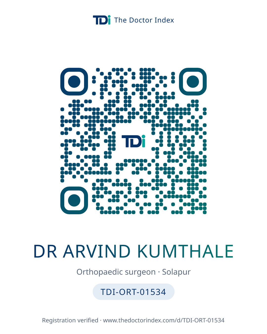 QR card for Dr Arvind Kumthale, TDI-ORT-01534