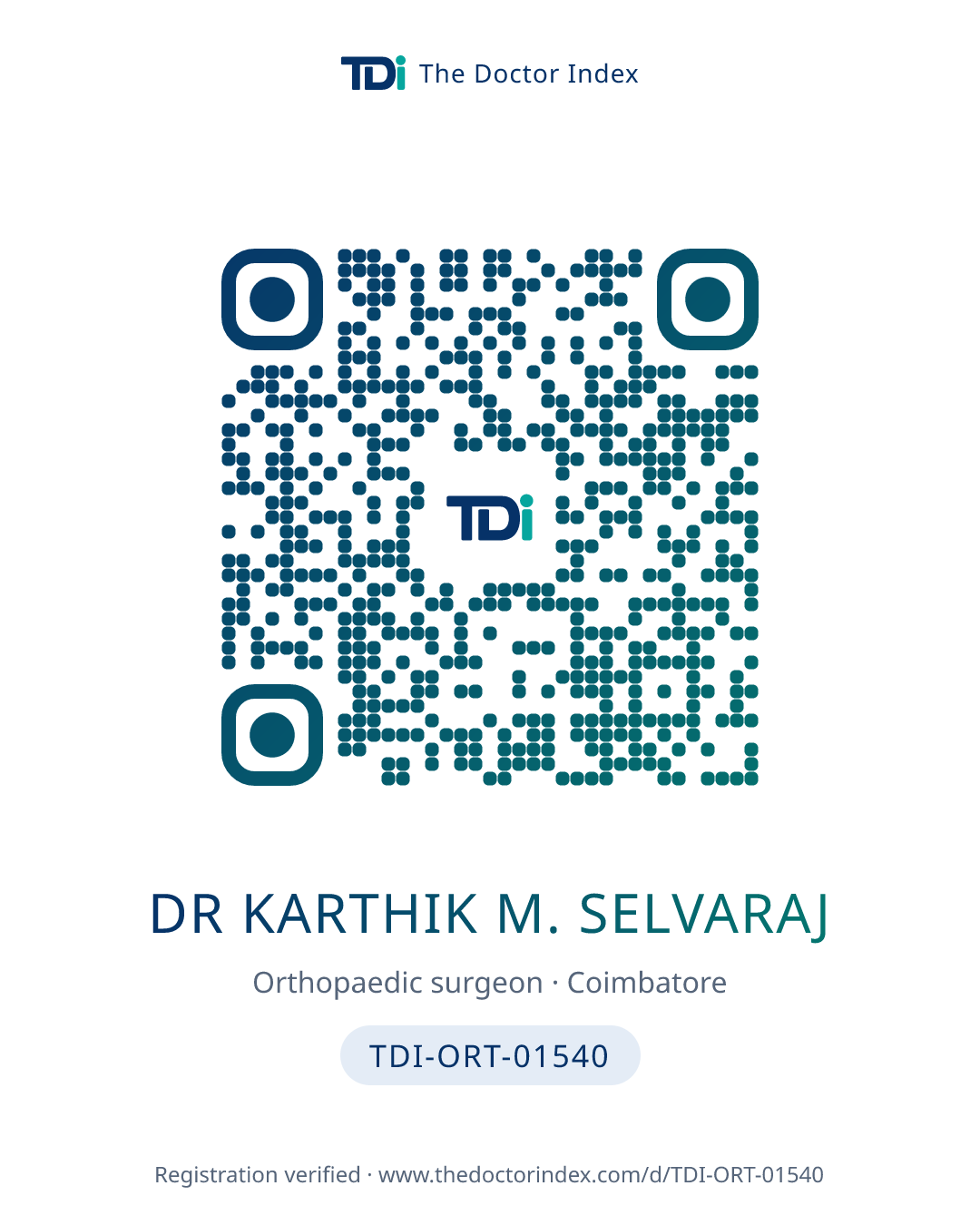 QR card for Dr Karthik M. Selvaraj, TDI-ORT-01540