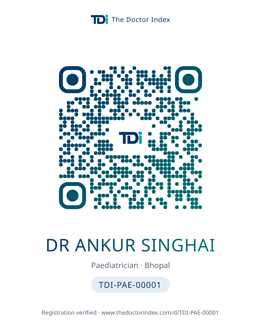 QR card for Dr Ankur Singhai, TDI-PAE-00001