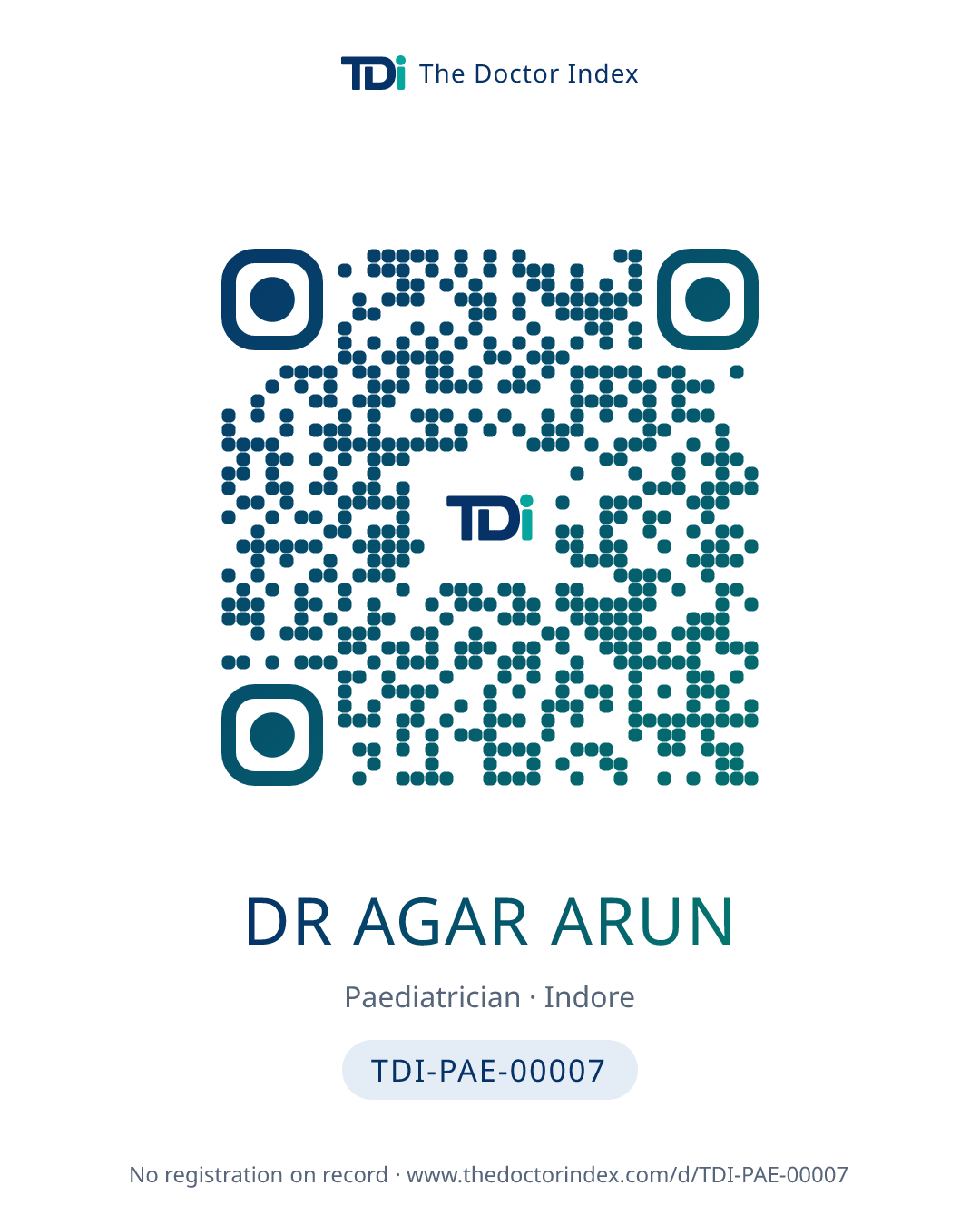 QR card for Dr Agar Arun, TDI-PAE-00007