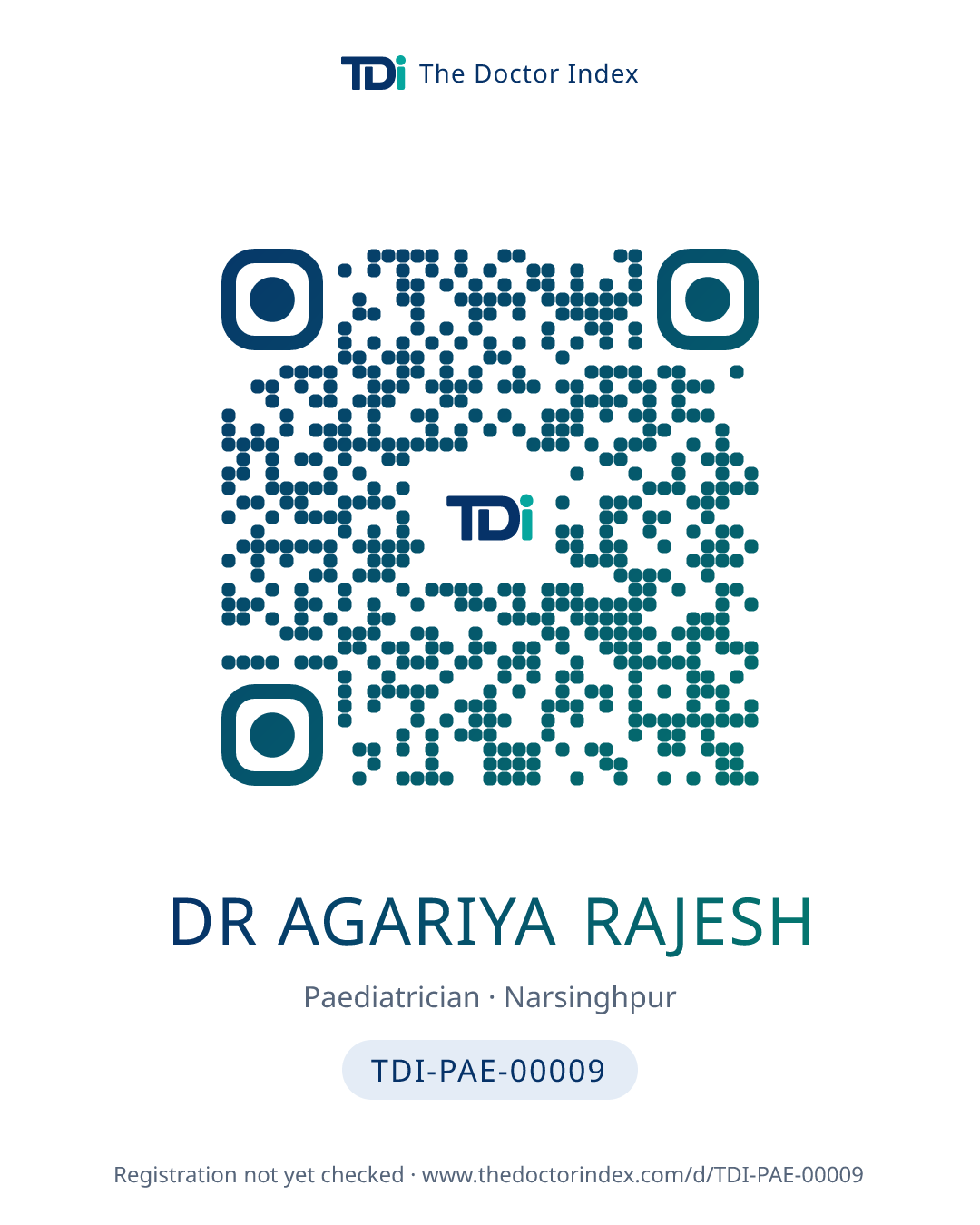 QR card for Dr Agariya Rajesh, TDI-PAE-00009