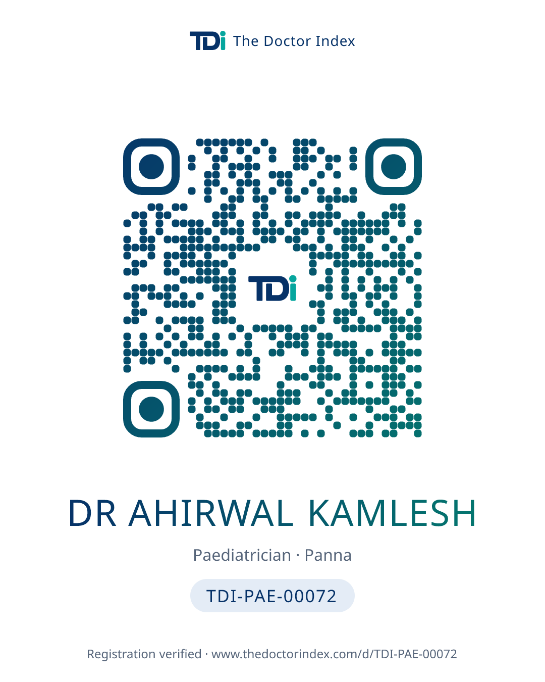 QR card for Dr Ahirwal Kamlesh, TDI-PAE-00072