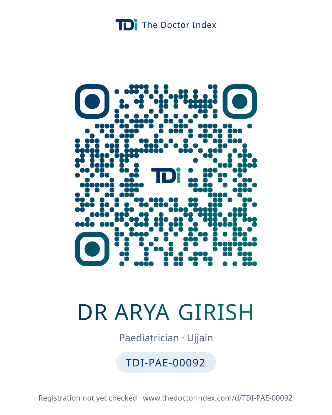 QR card for Dr Arya Girish, TDI-PAE-00092