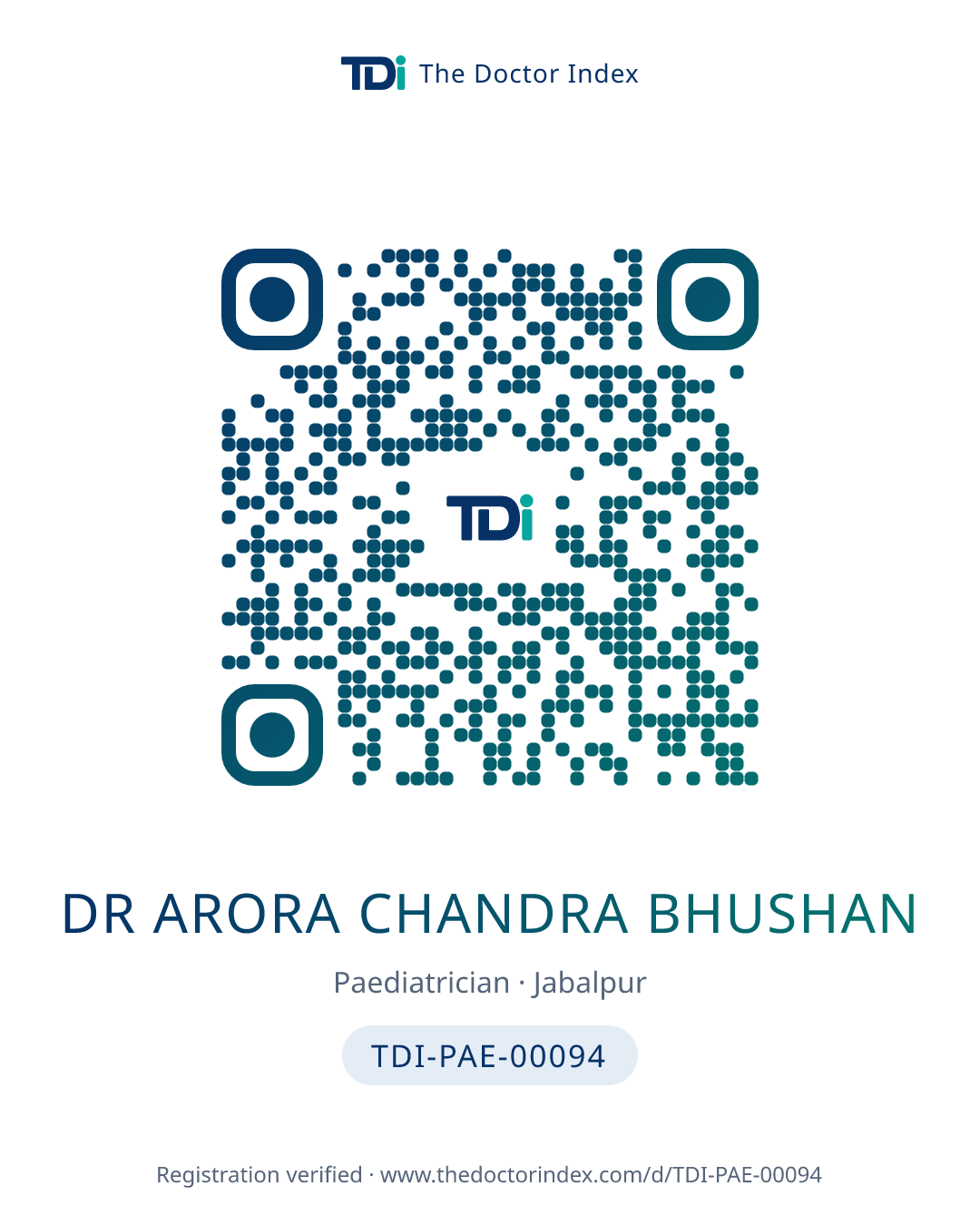 QR card for Dr Arora Chandra Bhushan, TDI-PAE-00094