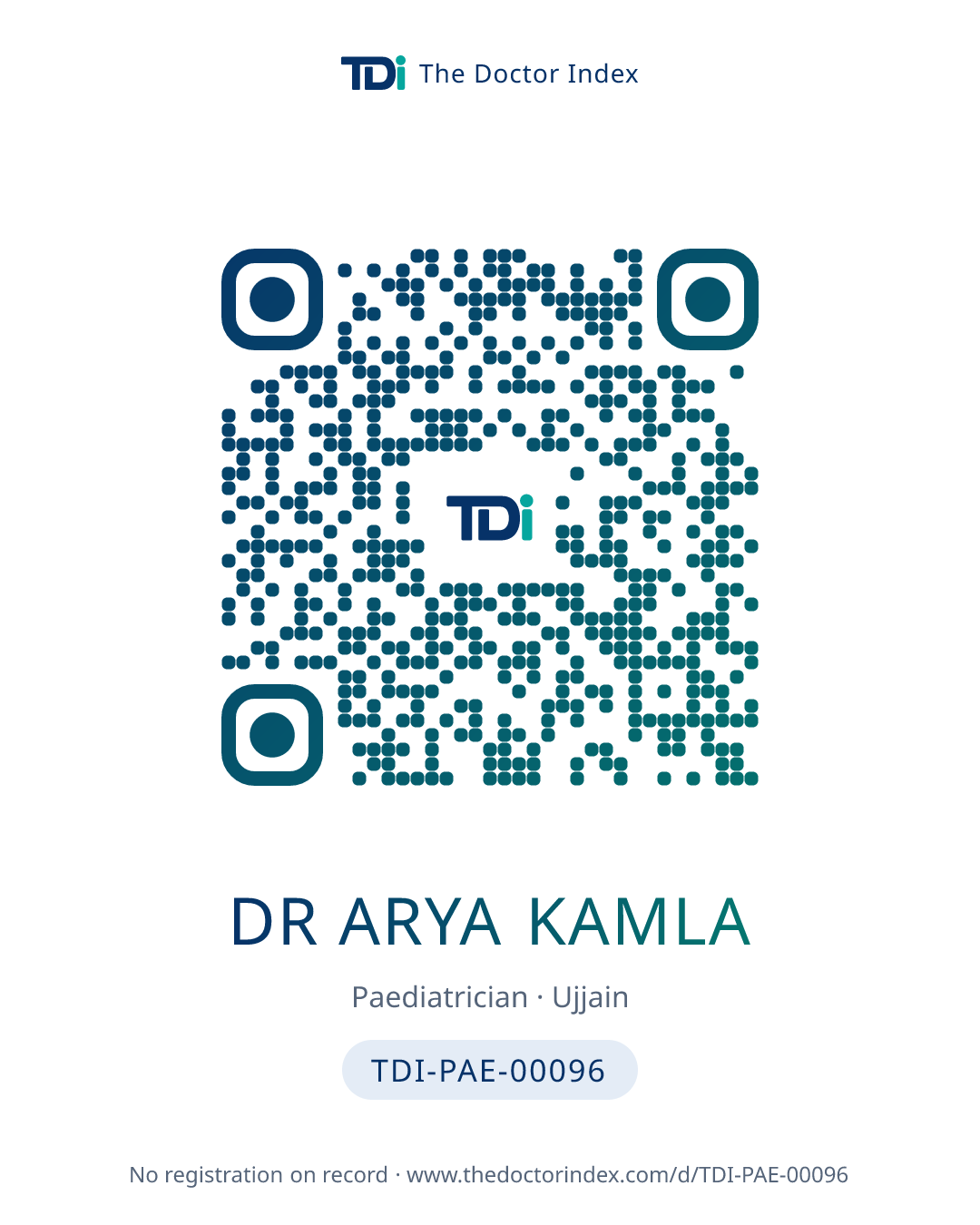 QR card for Dr Arya Kamla, TDI-PAE-00096