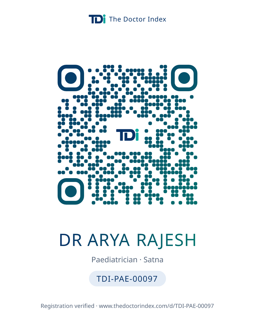 QR card for Dr Arya Rajesh, TDI-PAE-00097