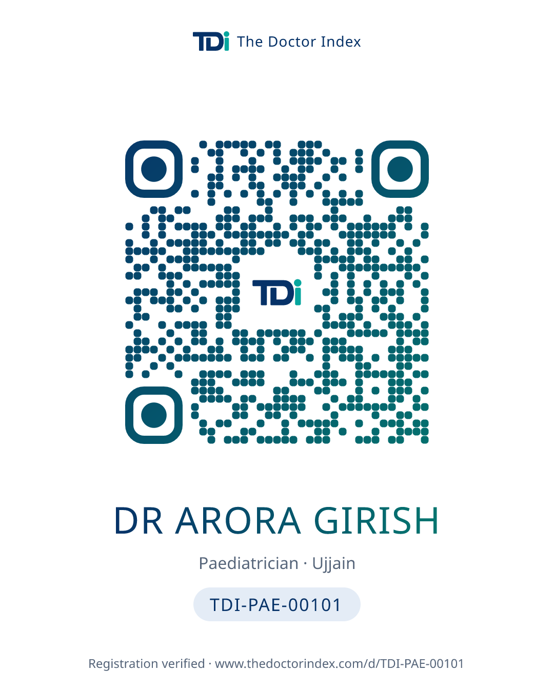 QR card for Dr Arora Girish, TDI-PAE-00101