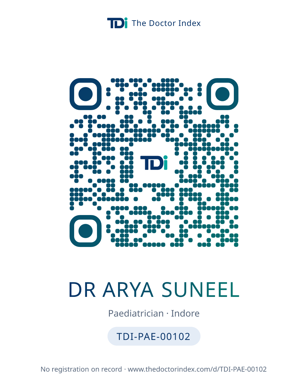 QR card for Dr Arya Suneel, TDI-PAE-00102