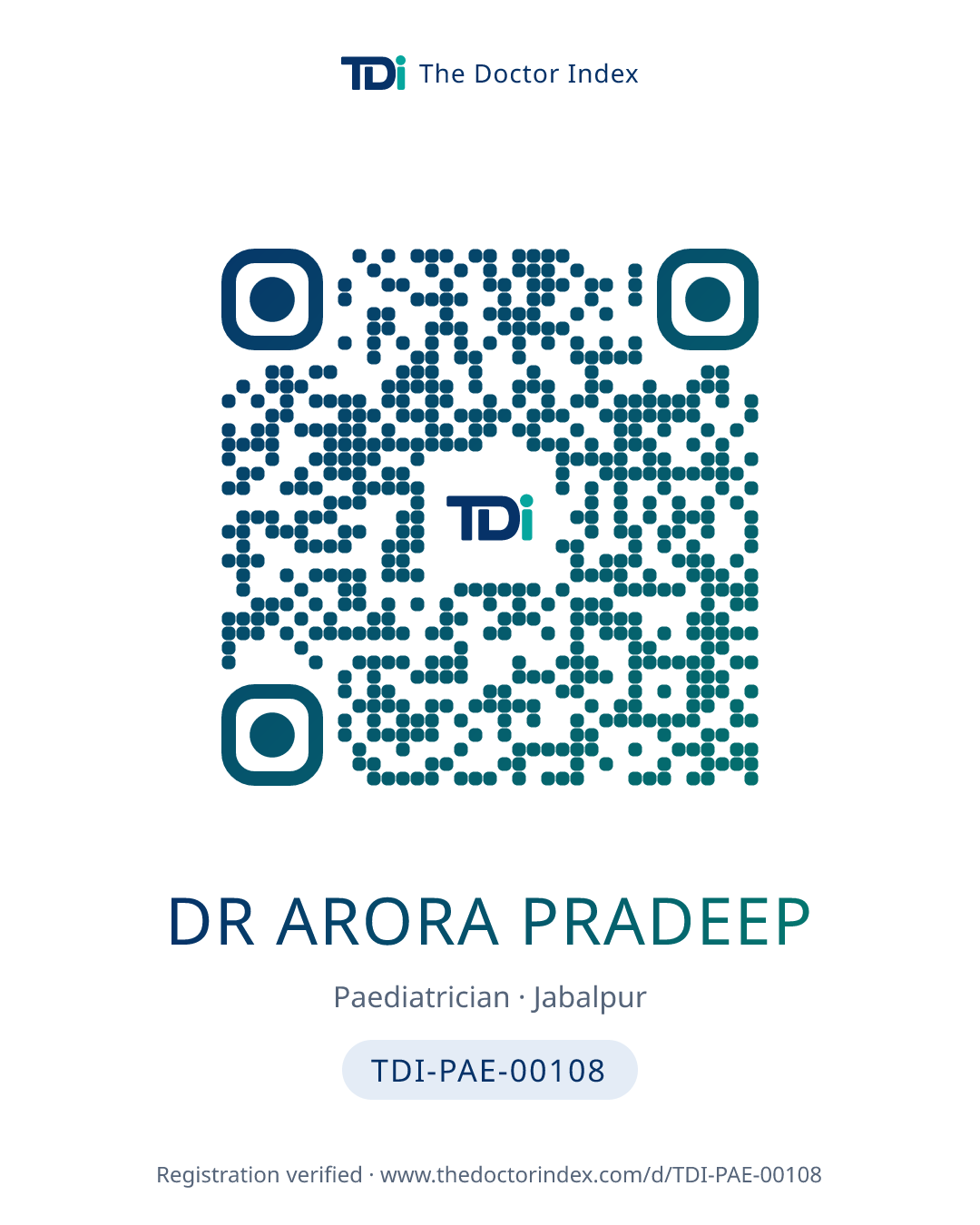 QR card for Dr Arora Pradeep, TDI-PAE-00108