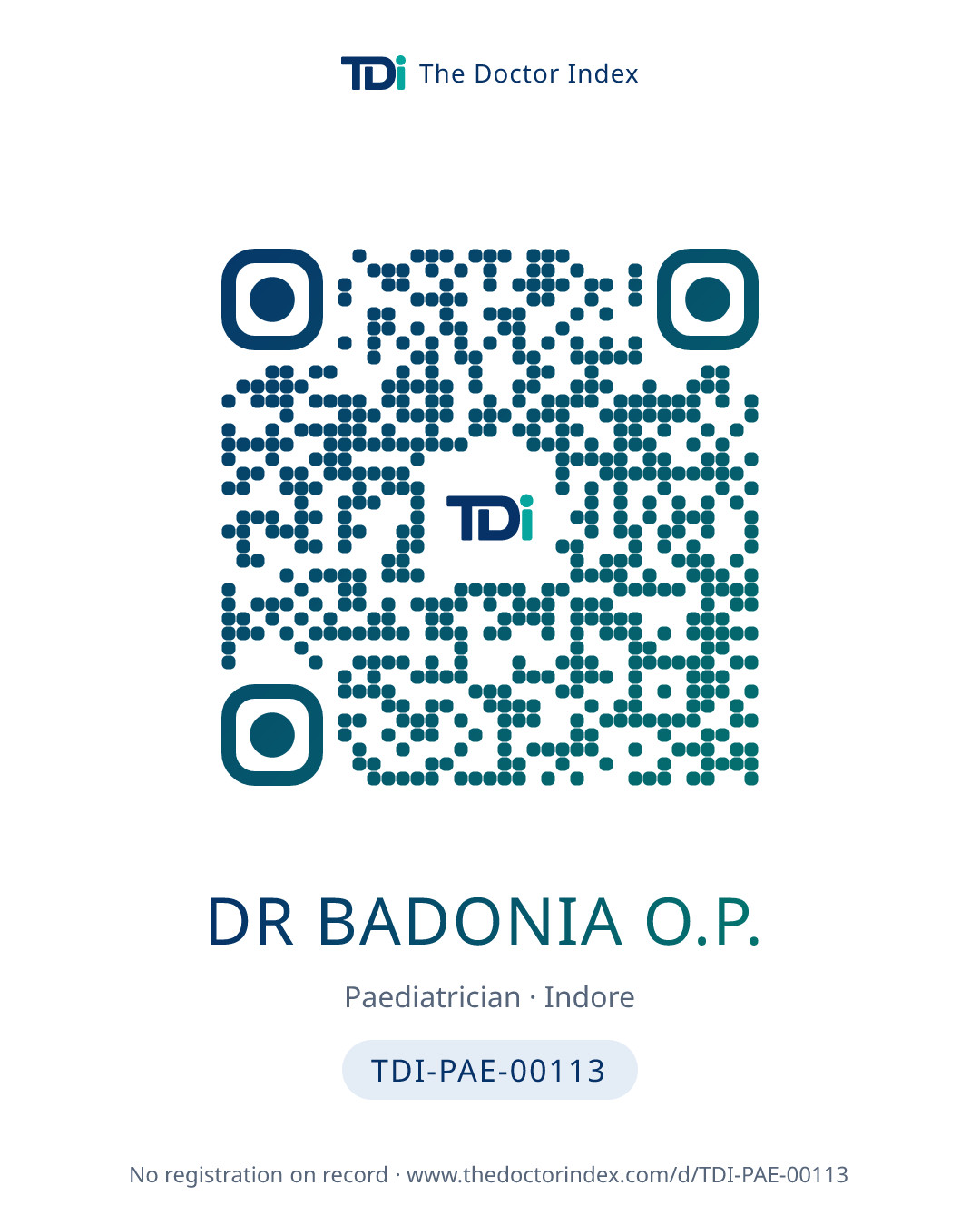 QR card for Dr Badonia O.P., TDI-PAE-00113