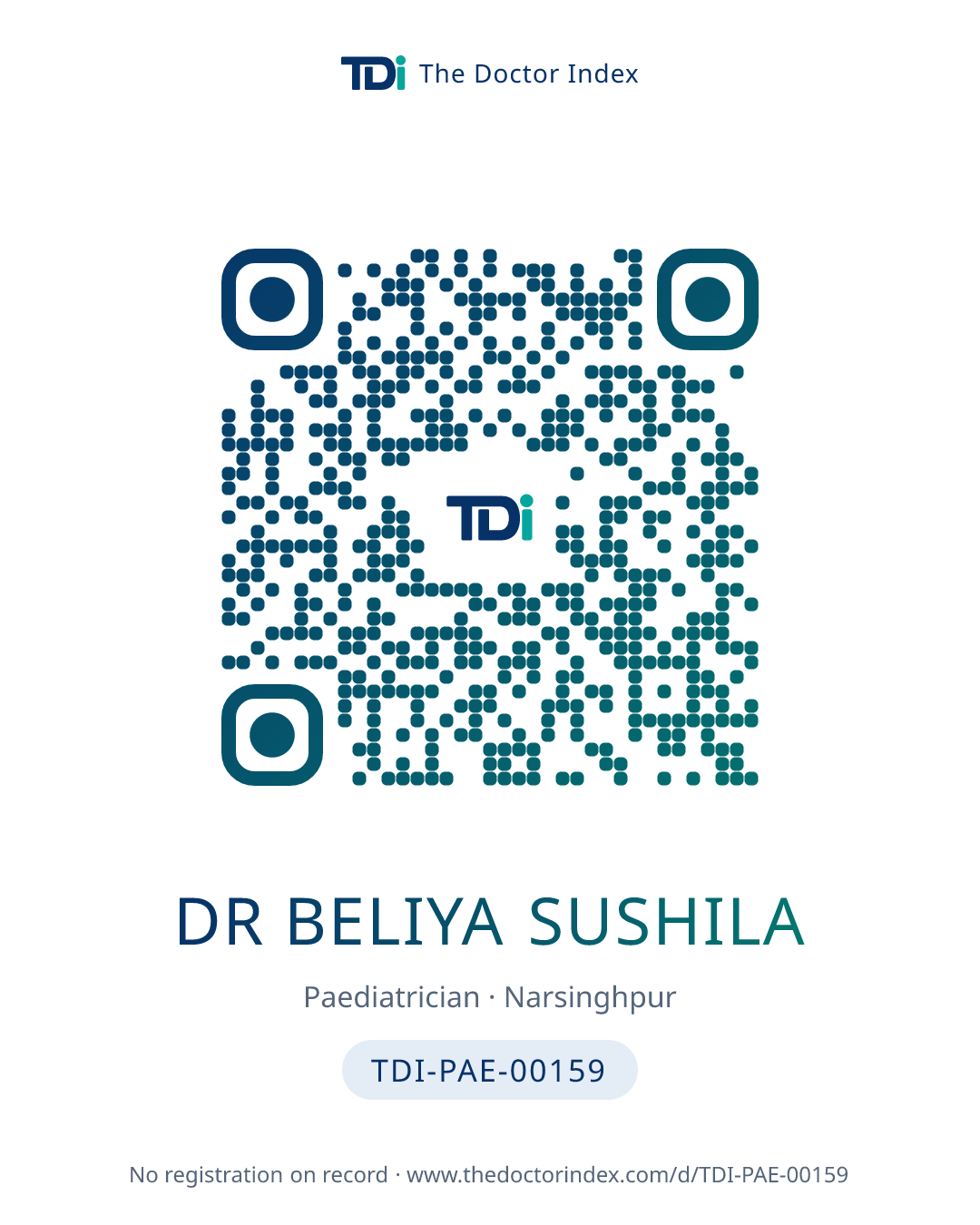 QR card for Dr Beliya Sushila, TDI-PAE-00159