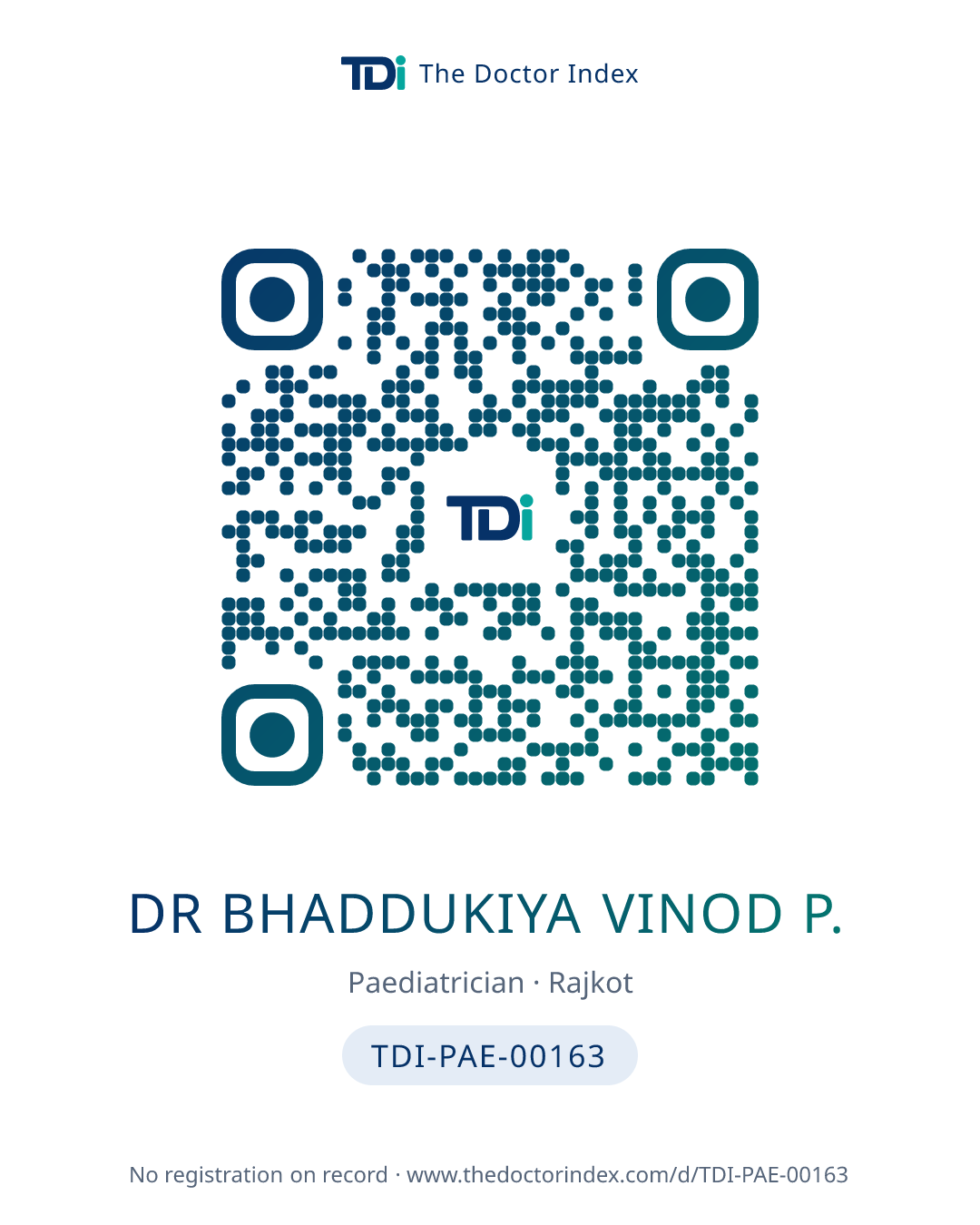 QR card for Dr Bhaddukiya Vinod P., TDI-PAE-00163