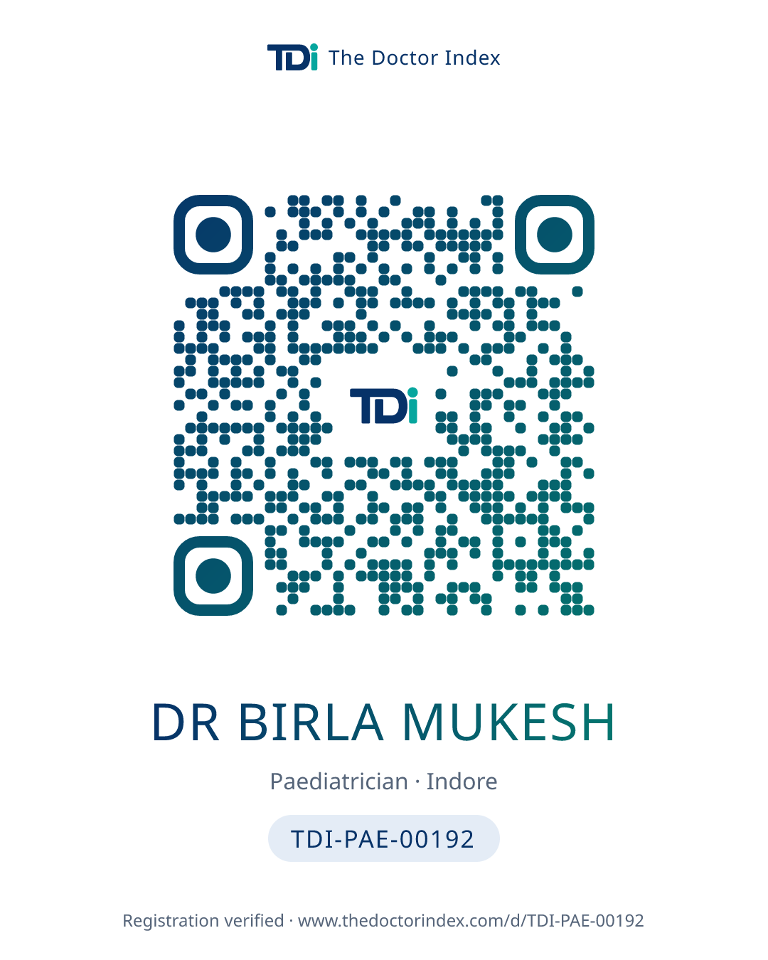 QR card for Dr Birla Mukesh, TDI-PAE-00192
