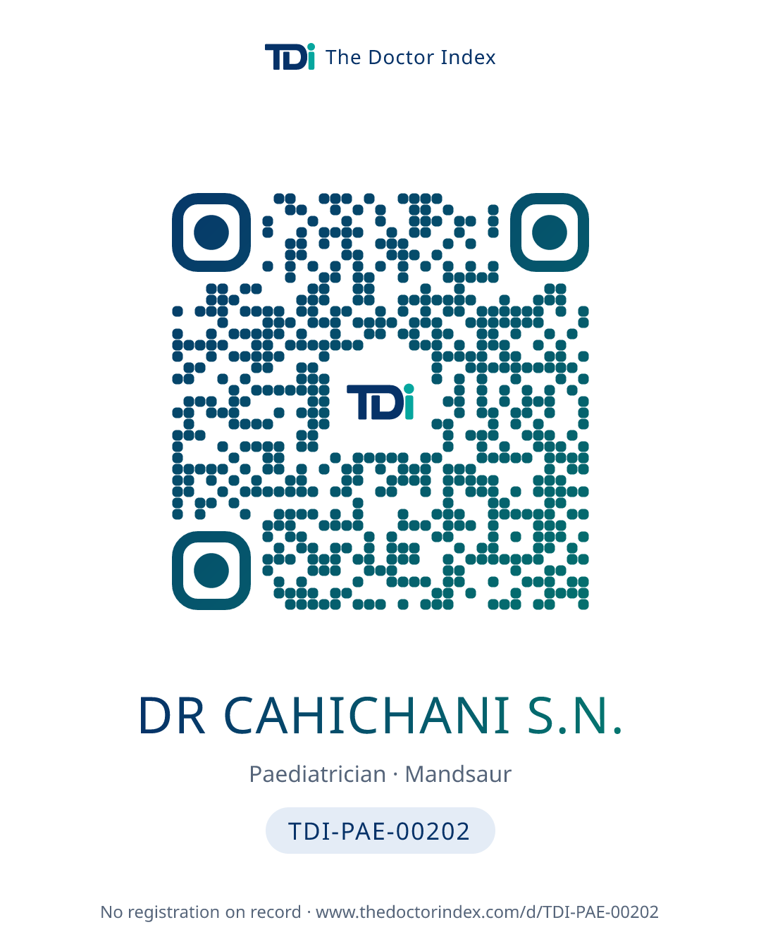 QR card for Dr Cahichani S.N., TDI-PAE-00202
