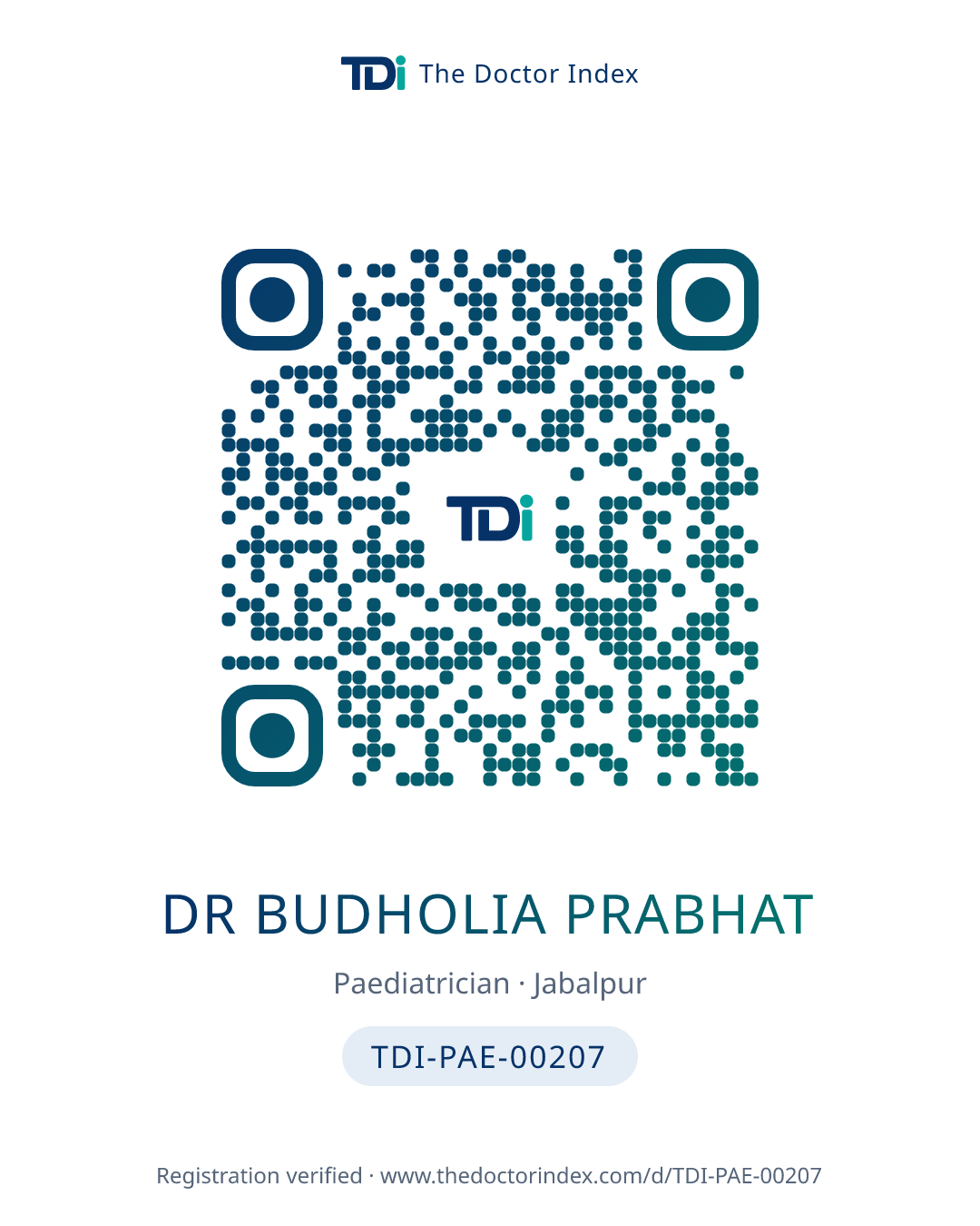 QR card for Dr Budholia Prabhat, TDI-PAE-00207