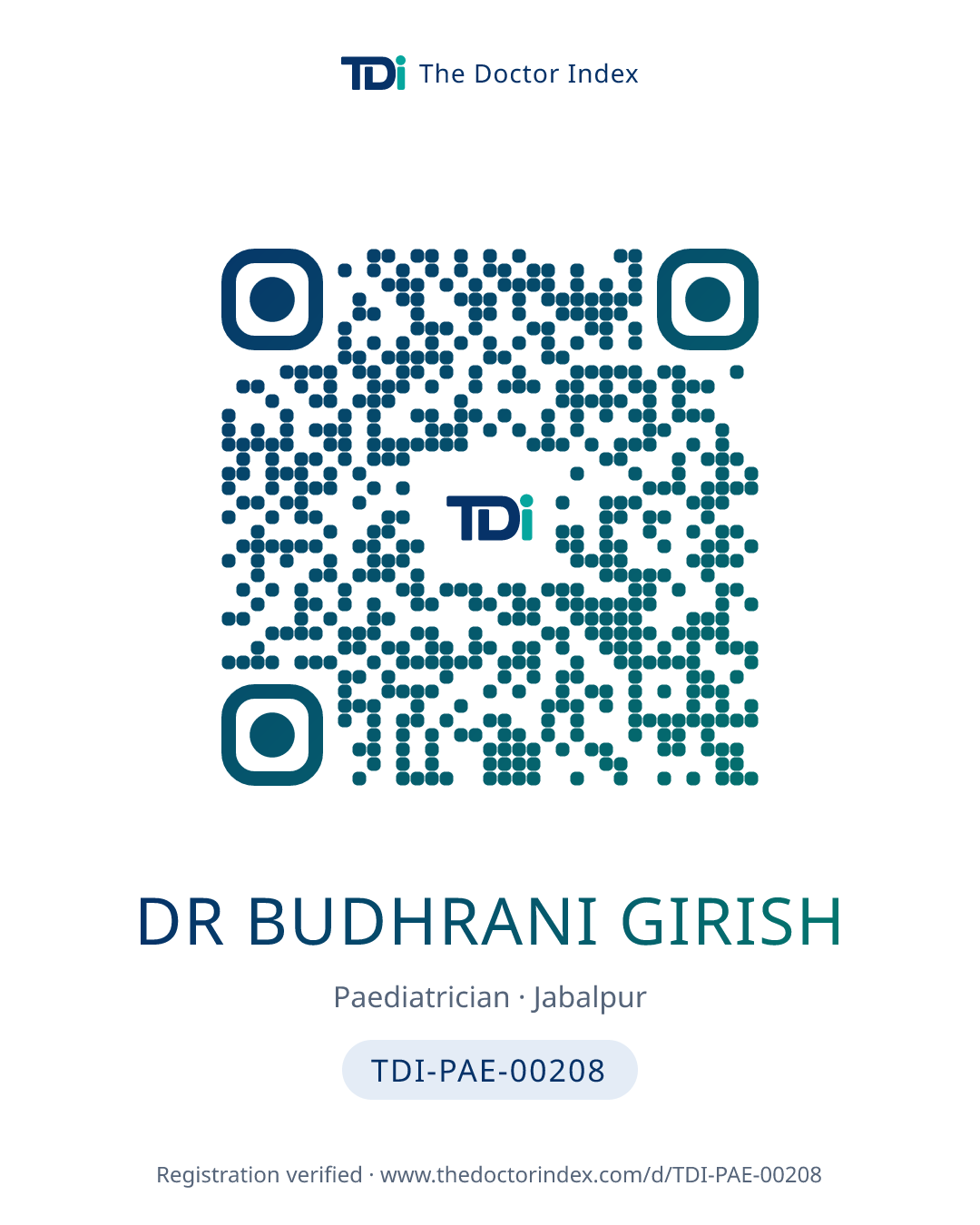 QR card for Dr Budhrani Girish, TDI-PAE-00208