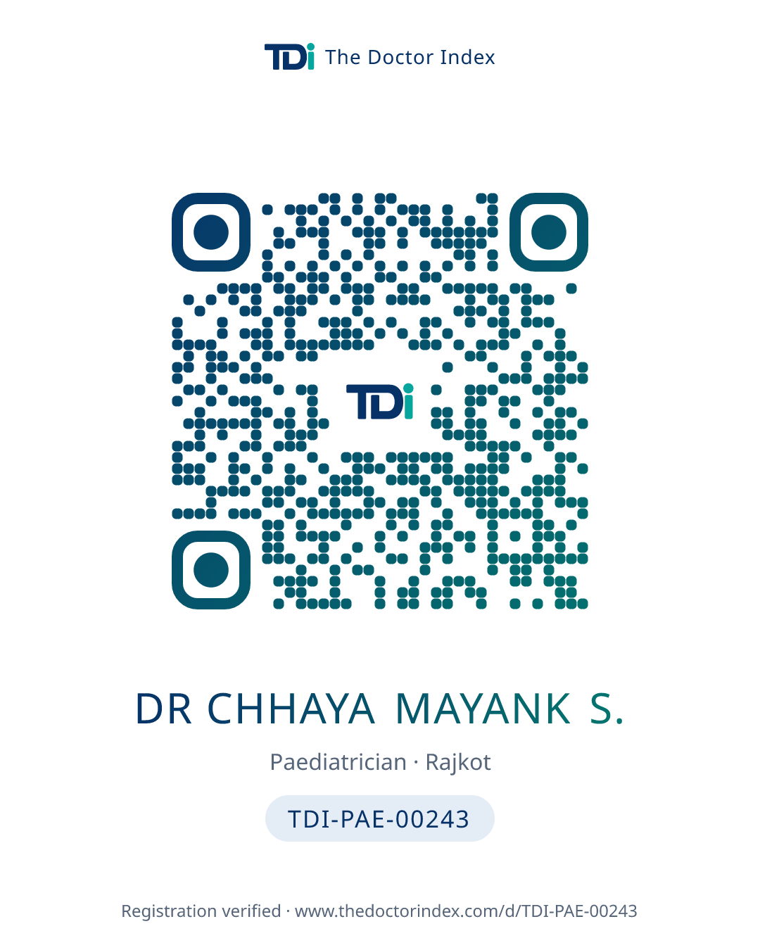 QR card for Dr Chhaya Mayank S., TDI-PAE-00243