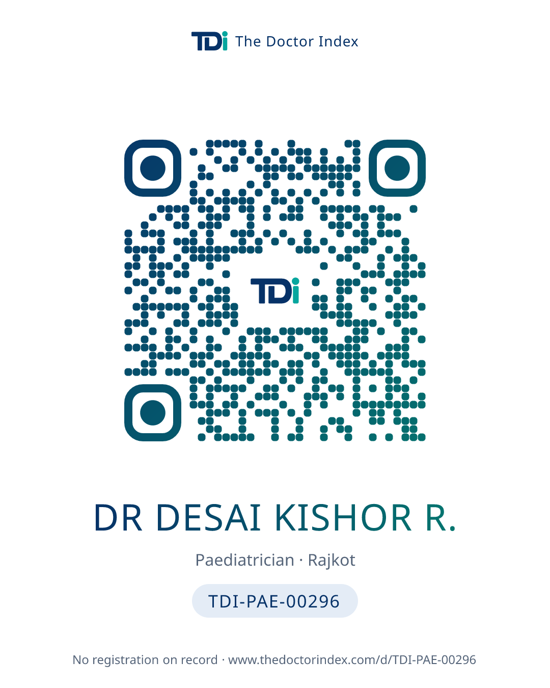 QR card for Dr Desai Kishor R., TDI-PAE-00296