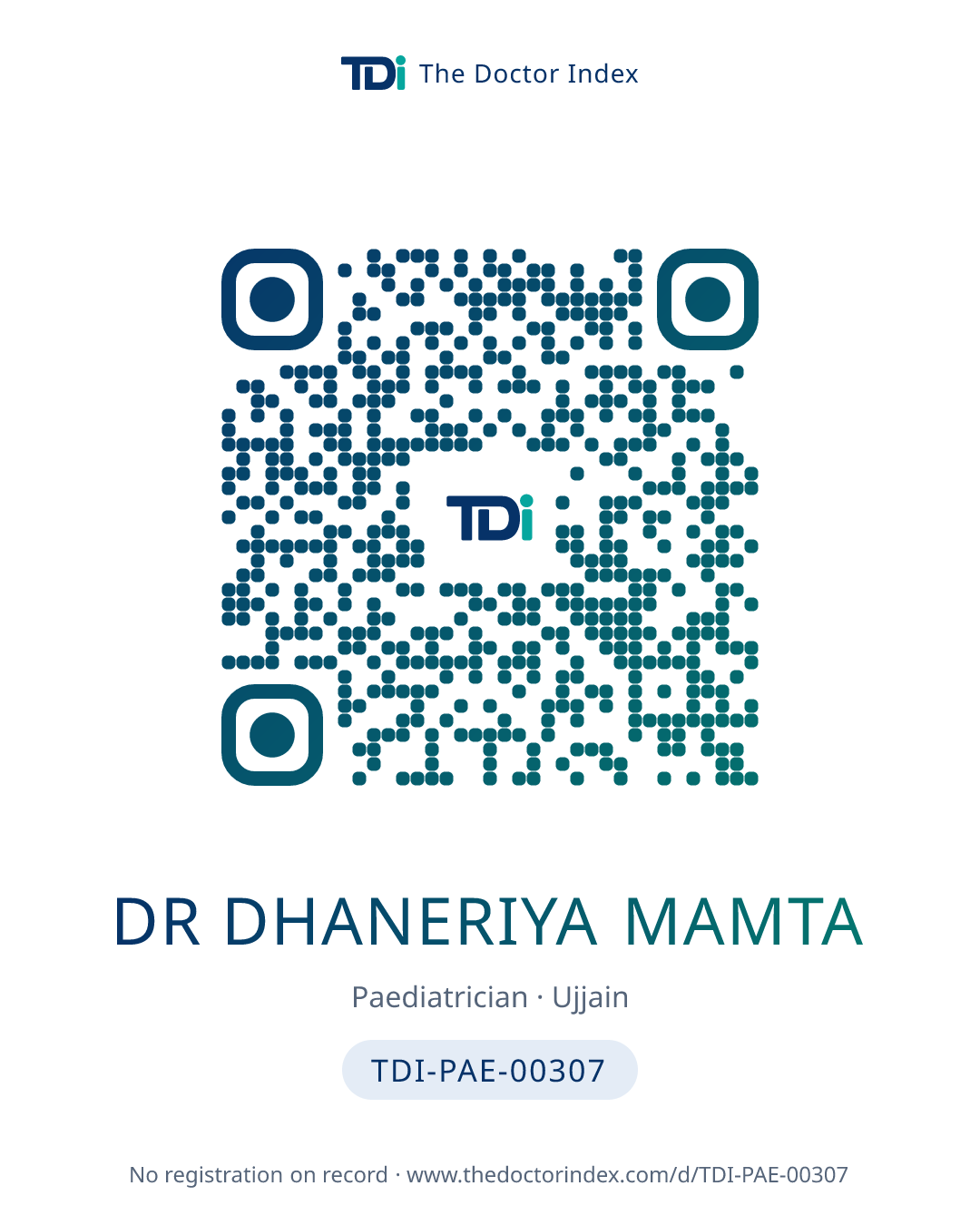 QR card for Dr Dhaneriya Mamta, TDI-PAE-00307