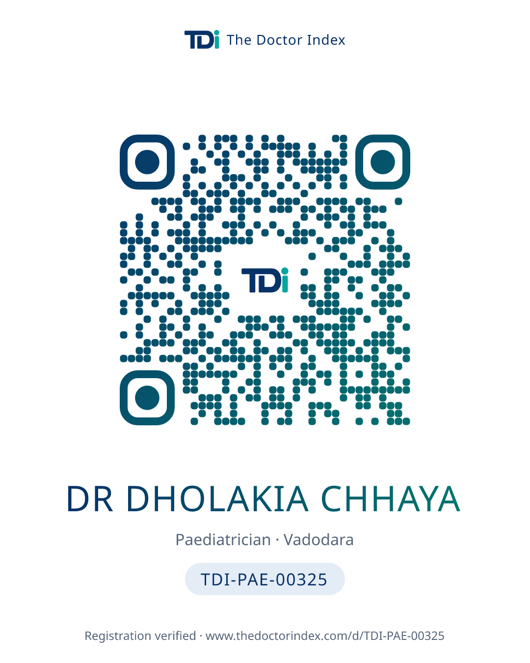 QR card for Dr Dholakia Chhaya, TDI-PAE-00325