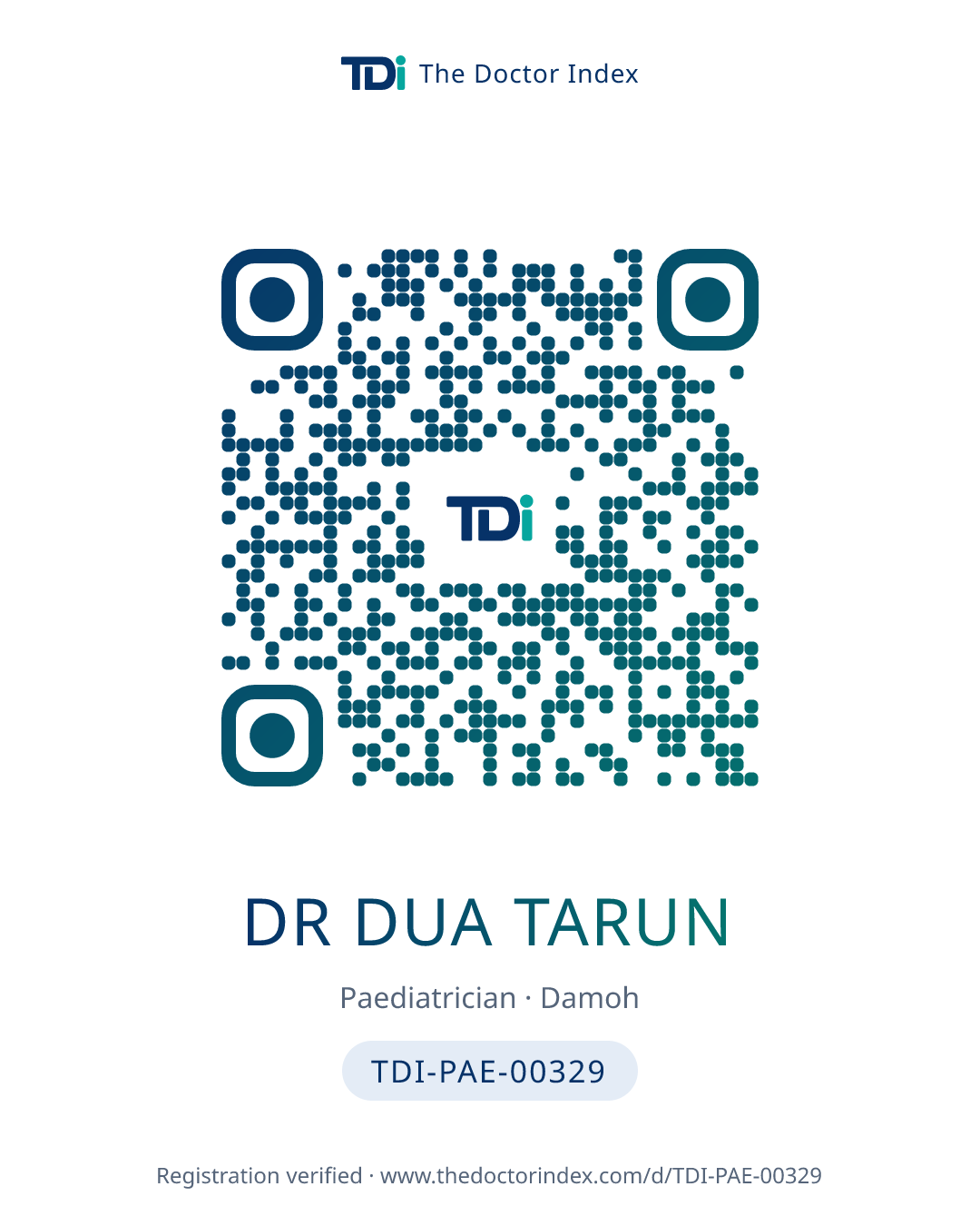 QR card for Dr Dua Tarun, TDI-PAE-00329