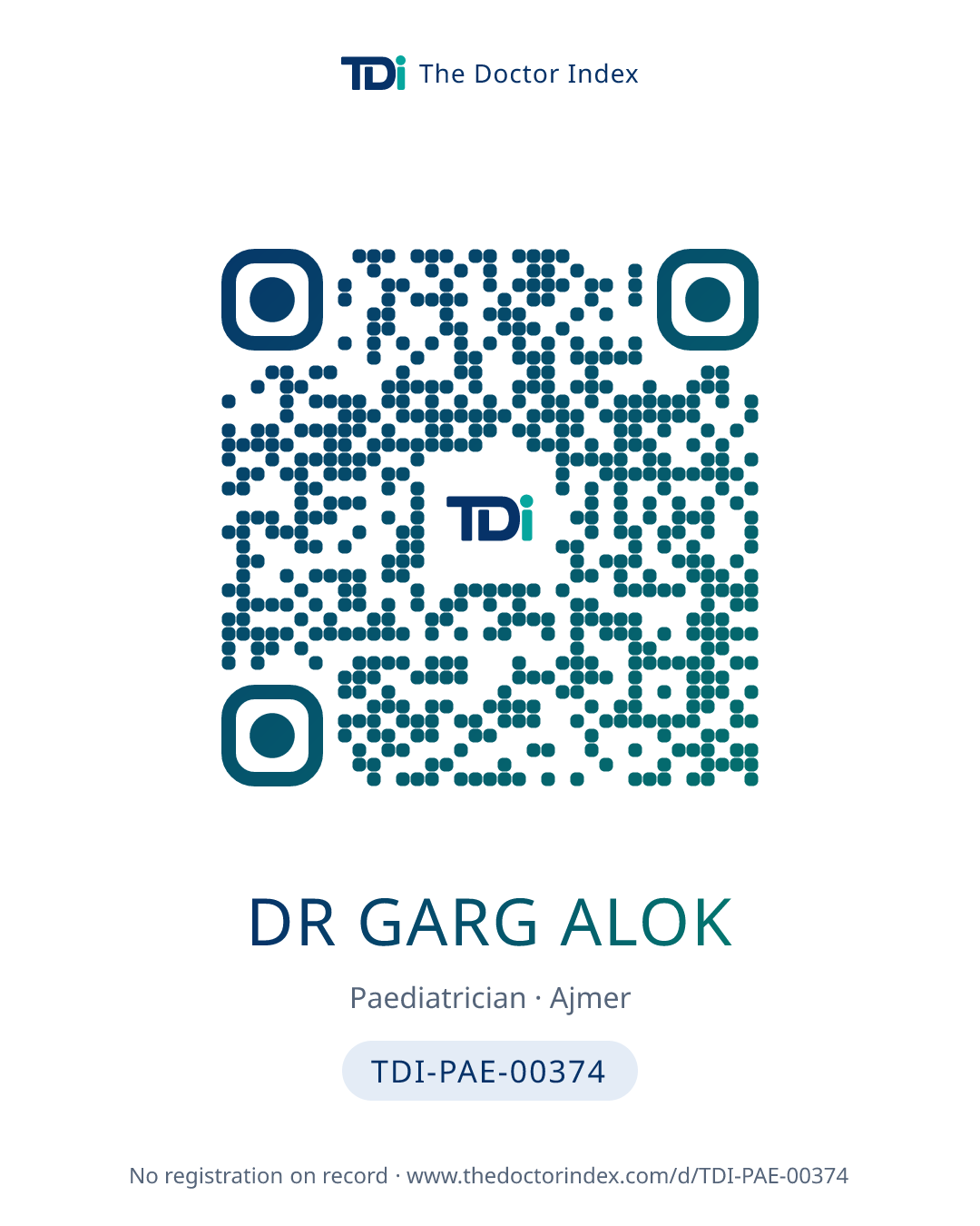QR card for Dr Garg Alok, TDI-PAE-00374