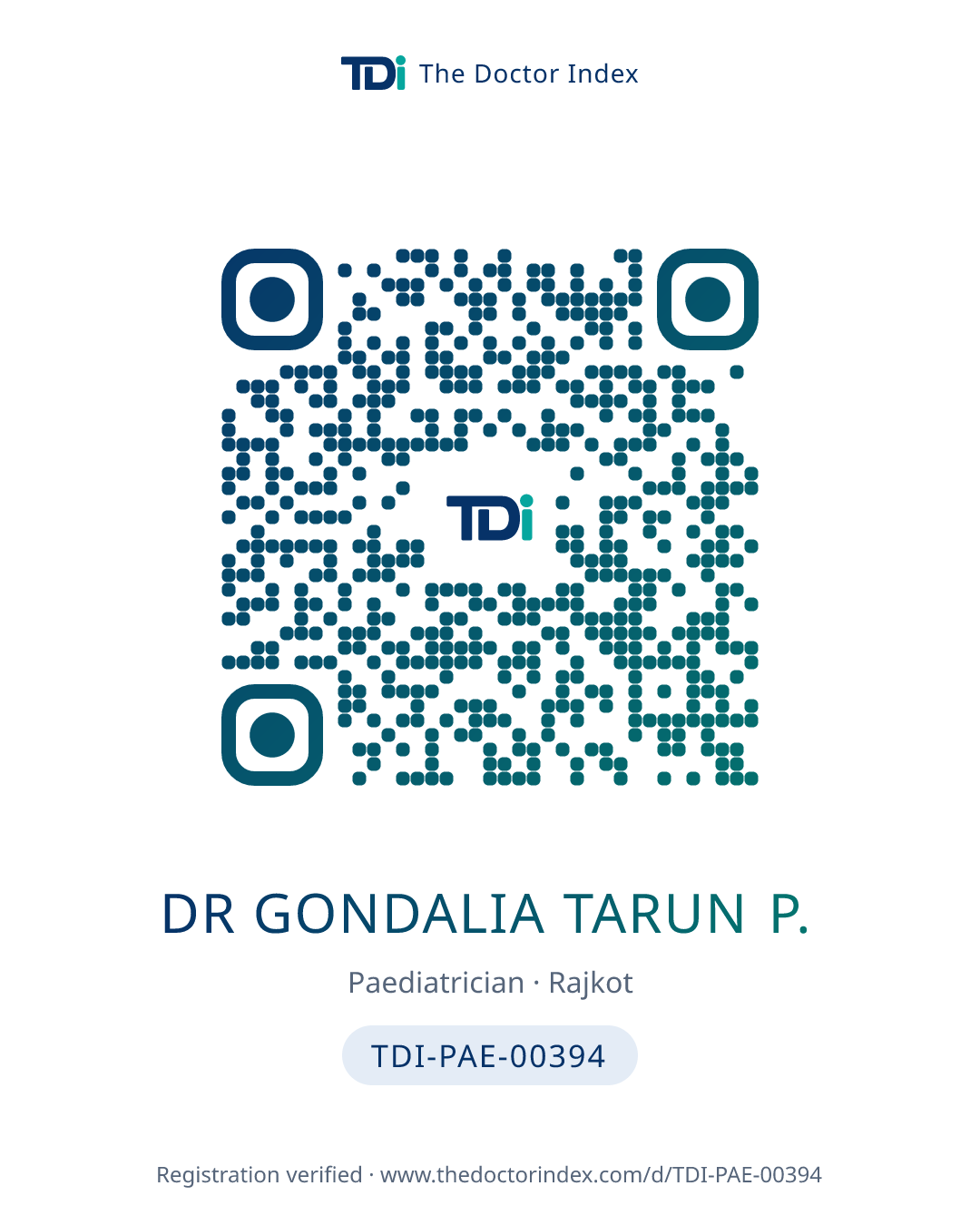 QR card for Dr Gondalia Tarun P., TDI-PAE-00394