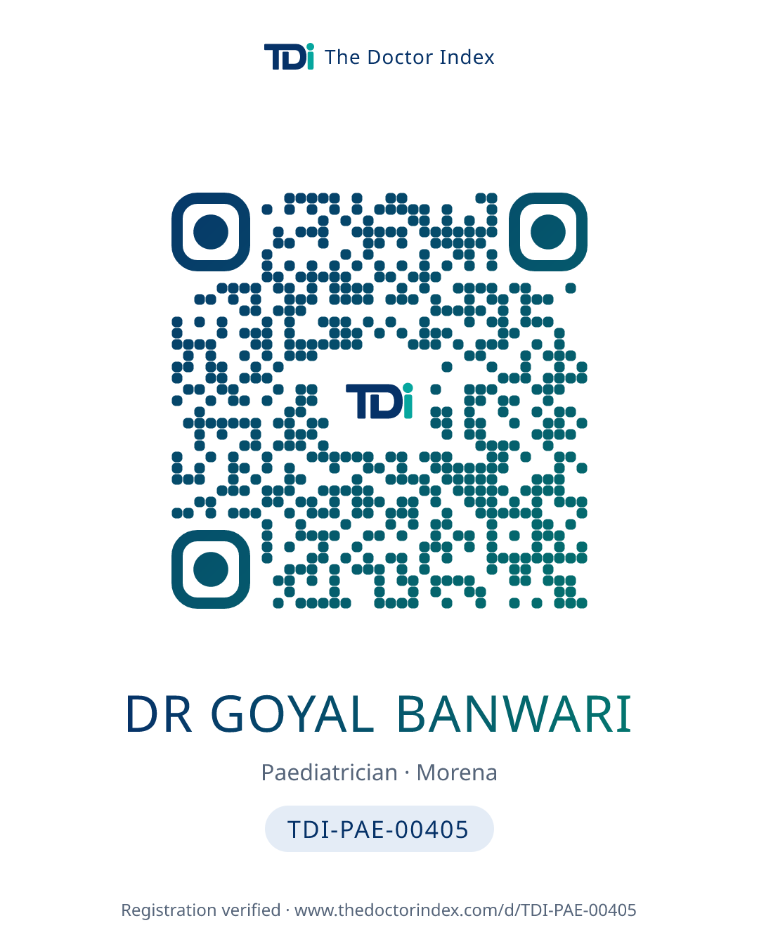 QR card for Dr Goyal Banwari, TDI-PAE-00405