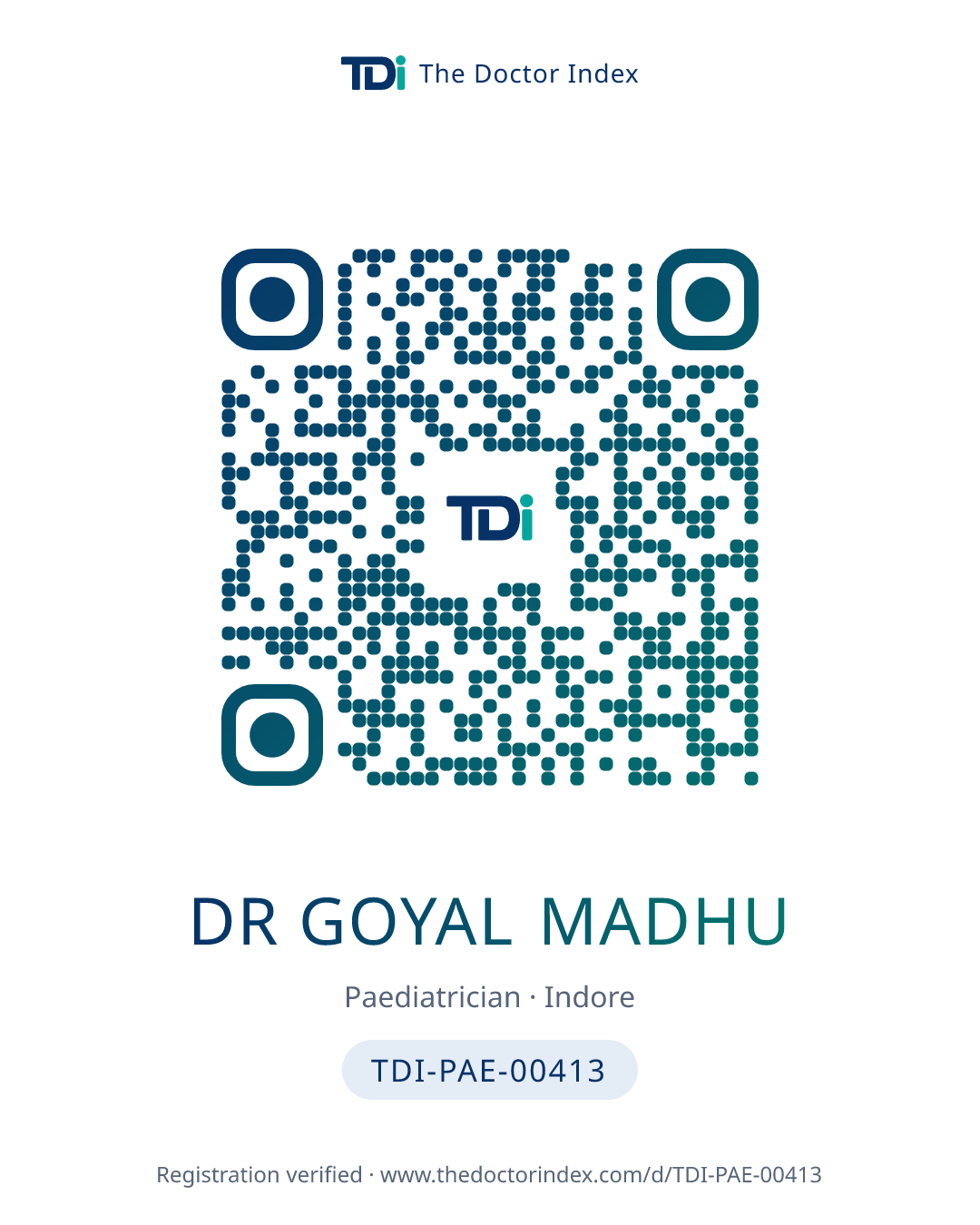 QR card for Dr Goyal Madhu, TDI-PAE-00413