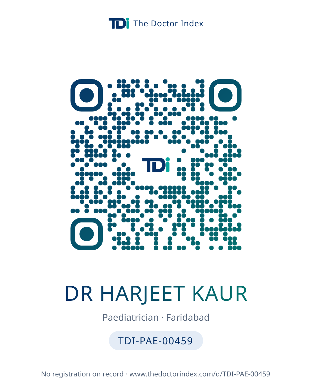 QR card for Dr Harjeet Kaur, TDI-PAE-00459