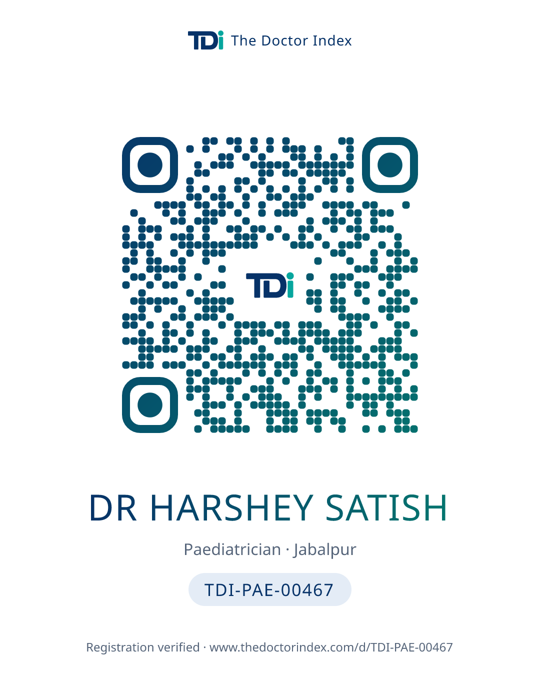 QR card for Dr Harshey Satish, TDI-PAE-00467
