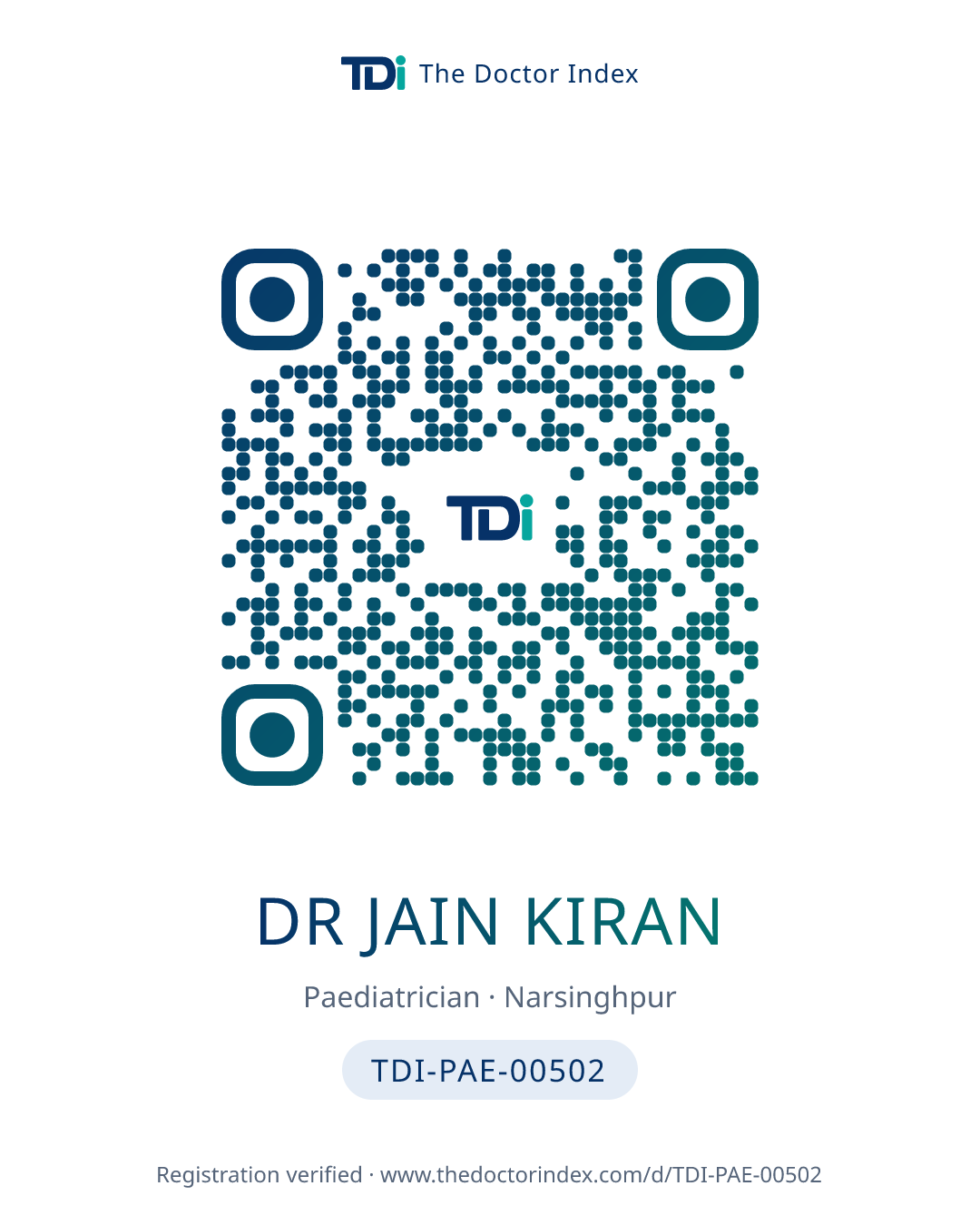 QR card for Dr Jain Kiran, TDI-PAE-00502