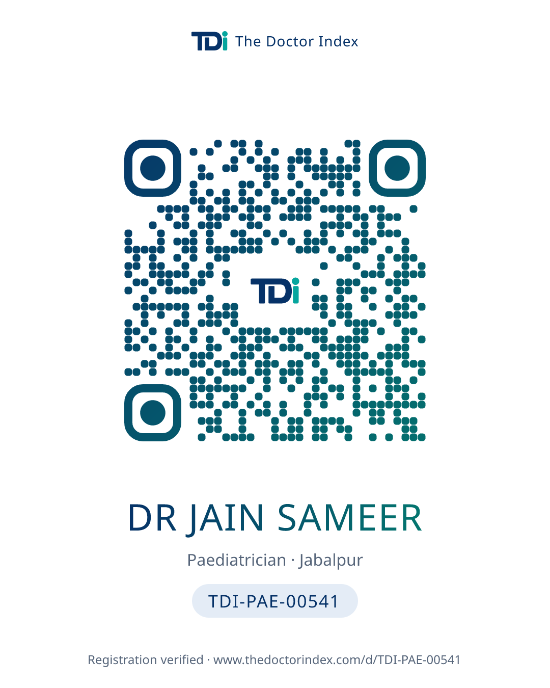 QR card for Dr Jain Sameer, TDI-PAE-00541