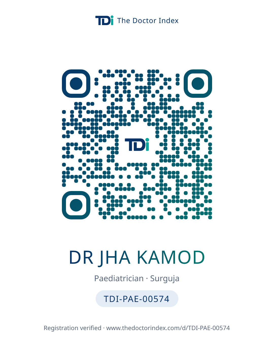 QR card for Dr Jha Kamod, TDI-PAE-00574