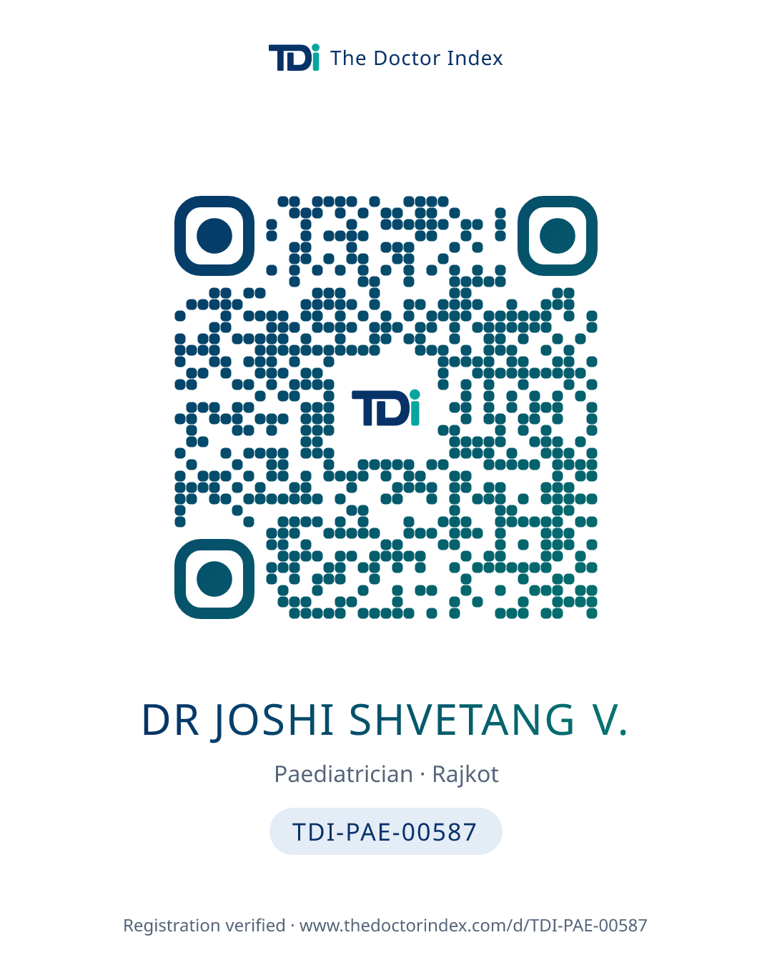 QR card for Dr Joshi Shvetang V., TDI-PAE-00587
