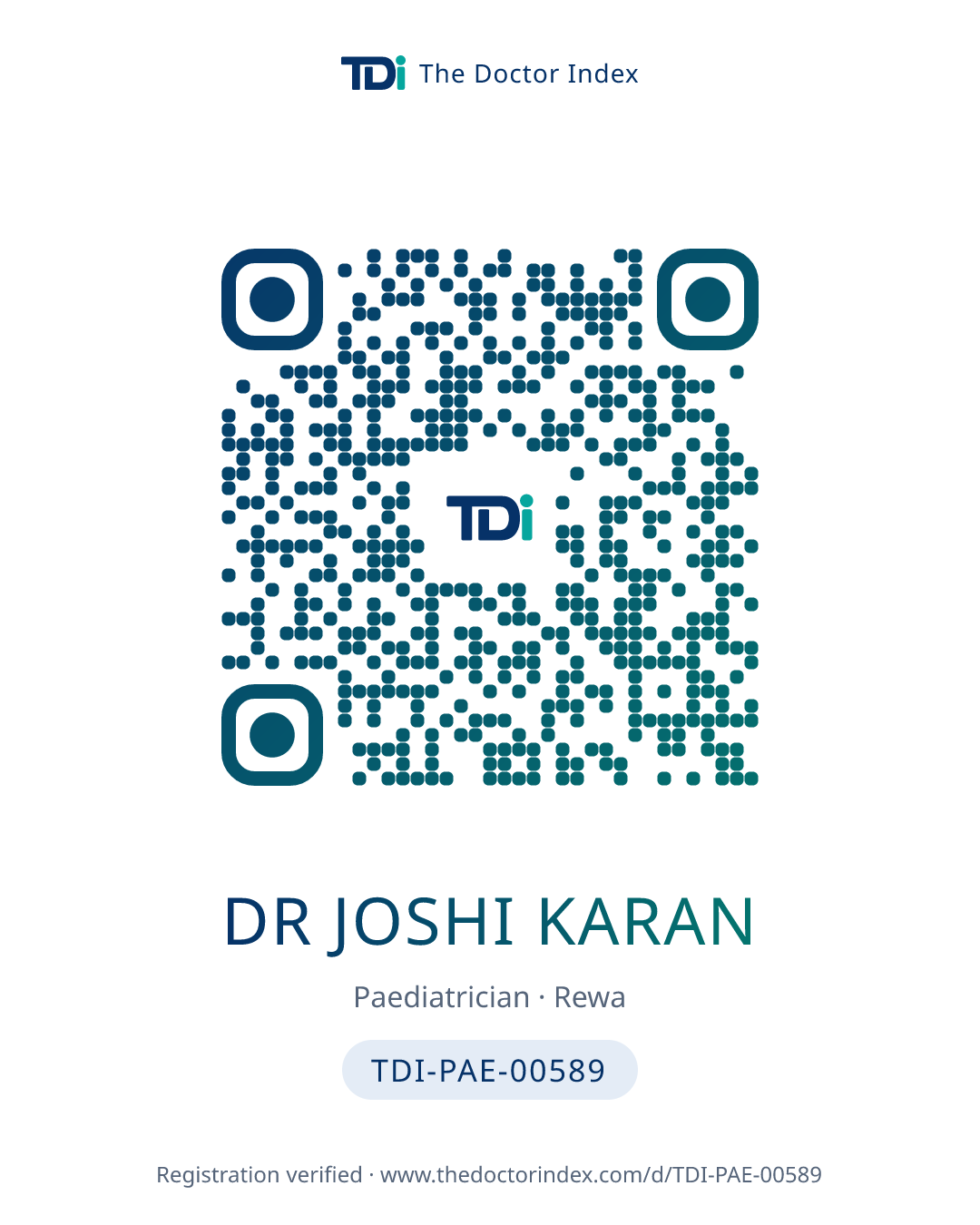 QR card for Dr Joshi Karan, TDI-PAE-00589