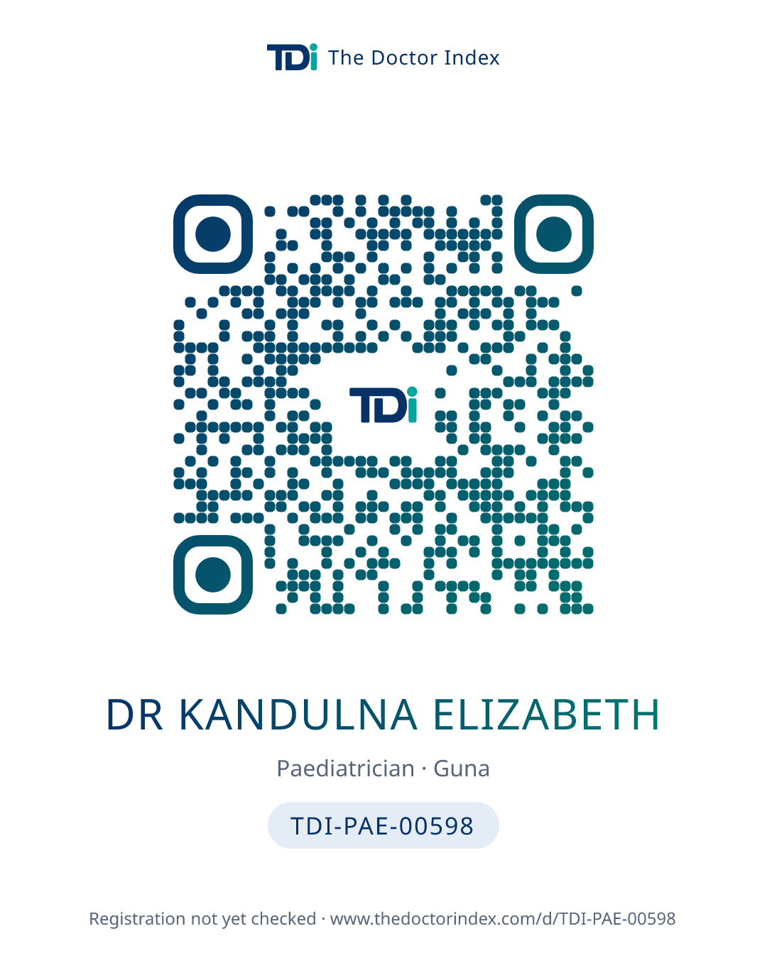 QR card for Dr Kandulna Elizabeth, TDI-PAE-00598