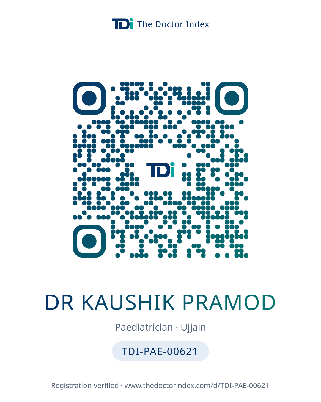 QR card for Dr Kaushik Pramod, TDI-PAE-00621