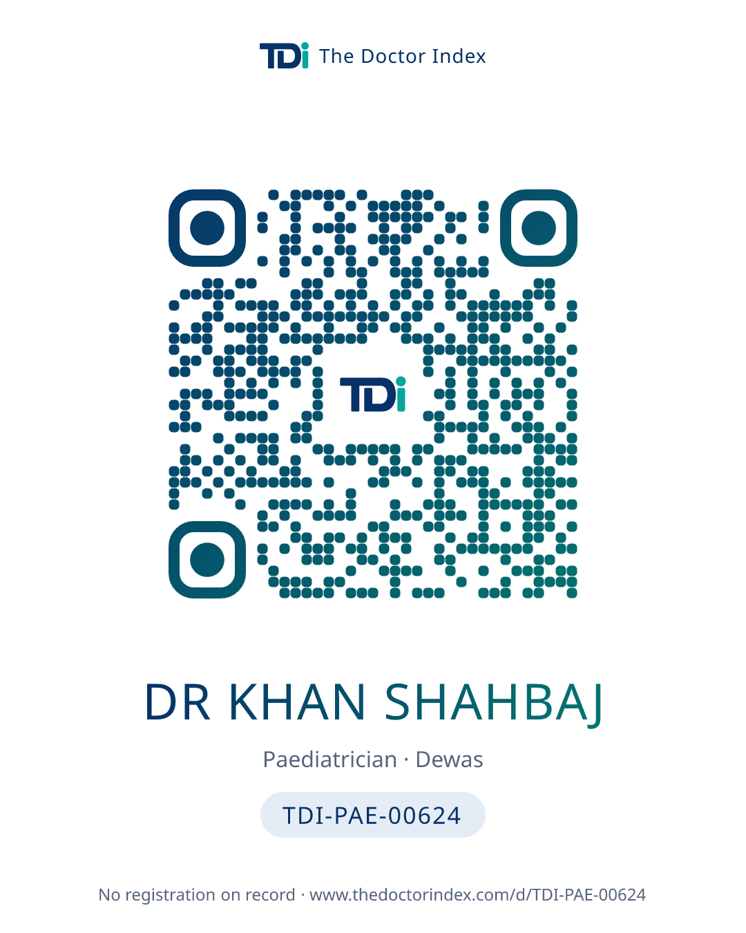 QR card for Dr Khan Shahbaj, TDI-PAE-00624