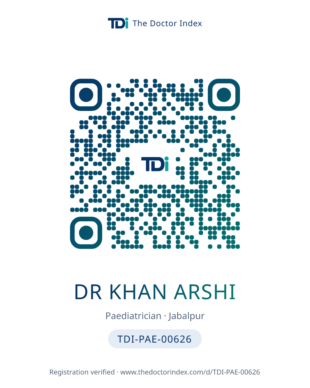 QR card for Dr Khan Arshi, TDI-PAE-00626