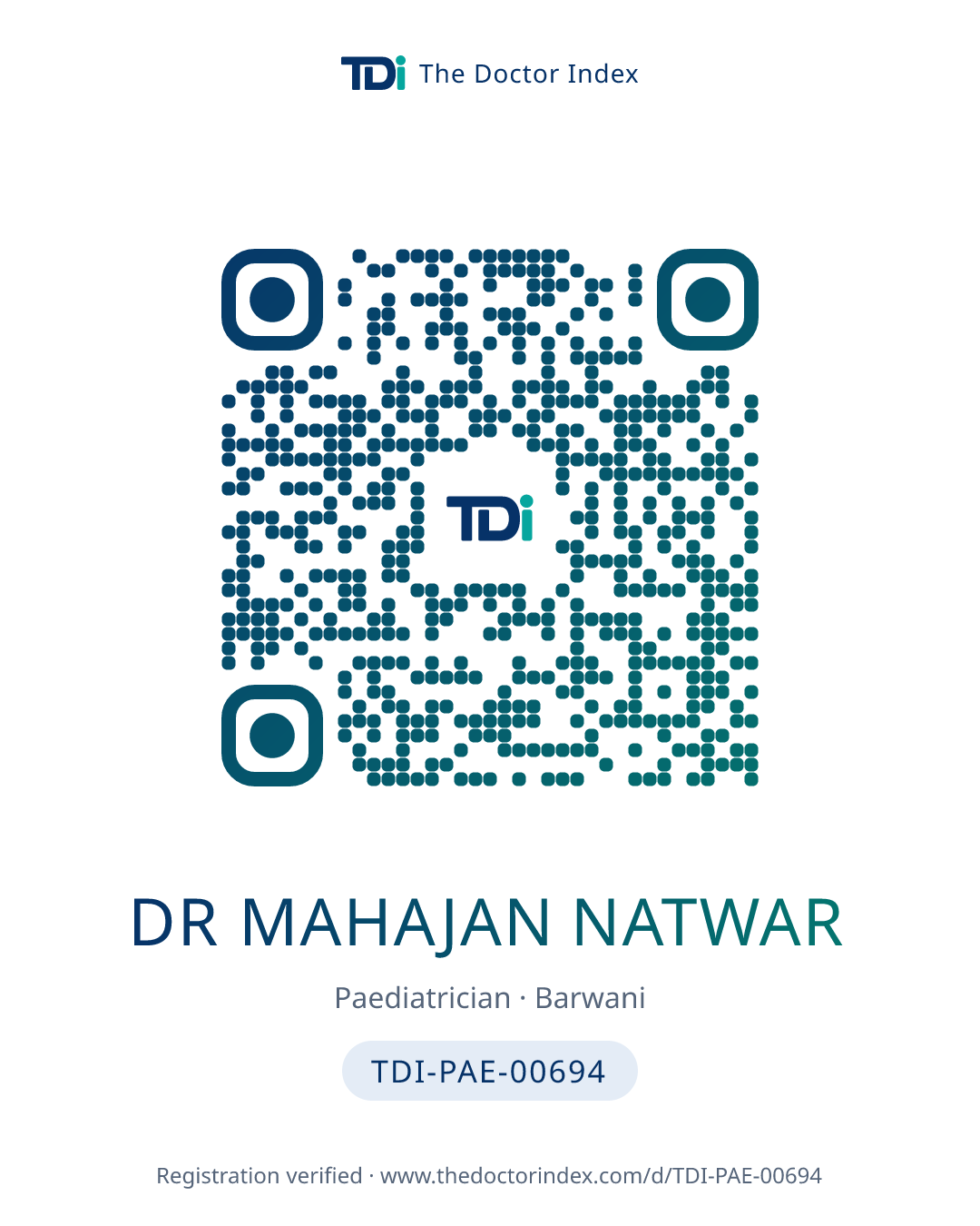 QR card for Dr Mahajan Natwar, TDI-PAE-00694