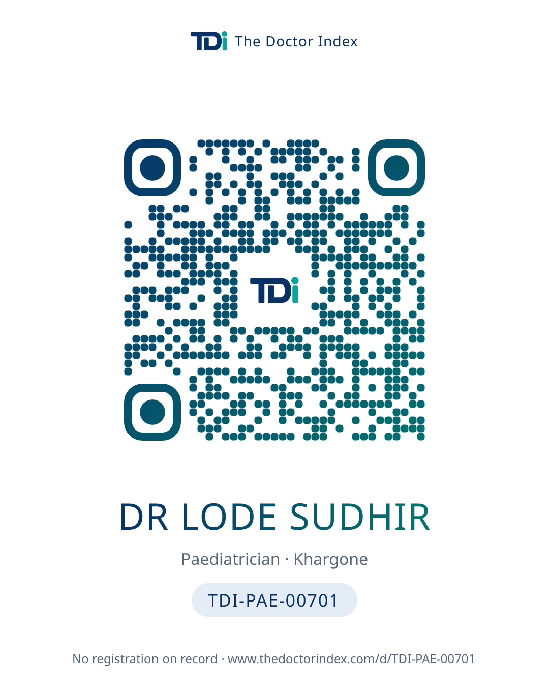 QR card for Dr Lode Sudhir, TDI-PAE-00701
