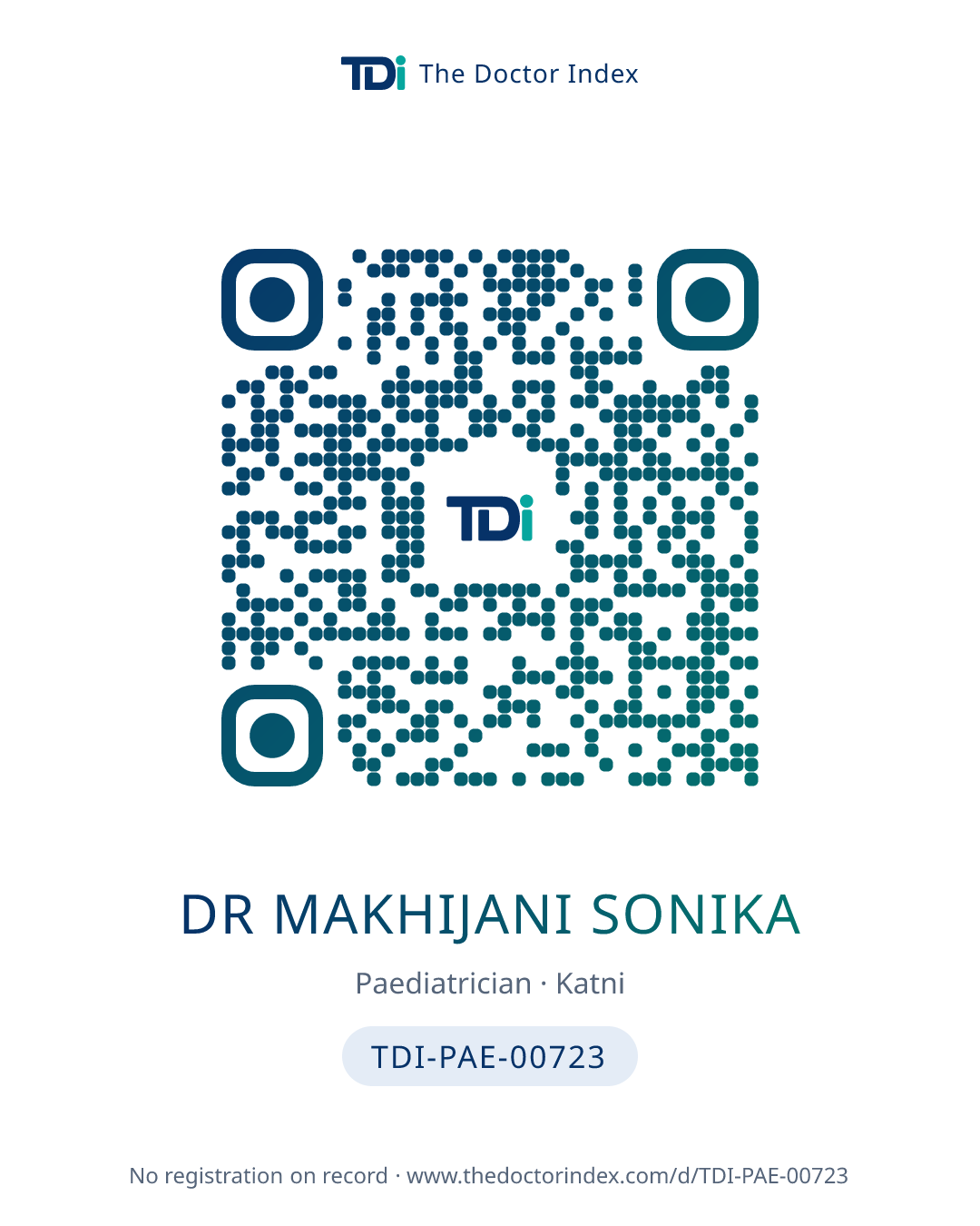 QR card for Dr Makhijani Sonika, TDI-PAE-00723