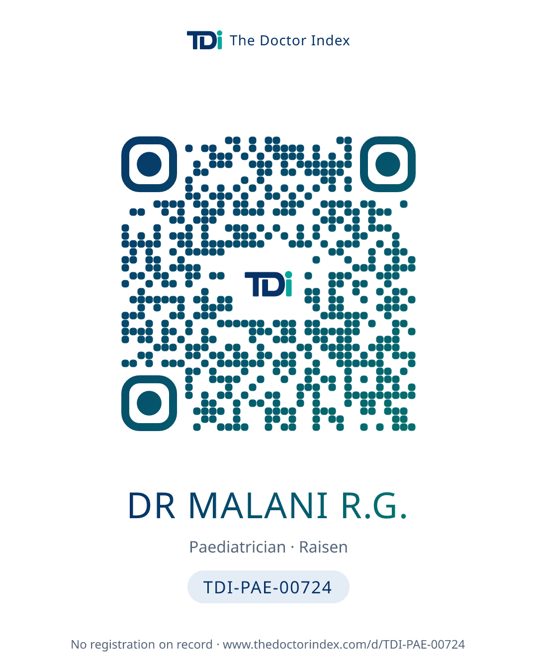 QR card for Dr Malani R.G., TDI-PAE-00724