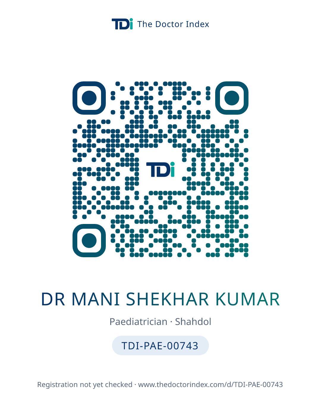 QR card for Dr Mani Shekhar Kumar, TDI-PAE-00743